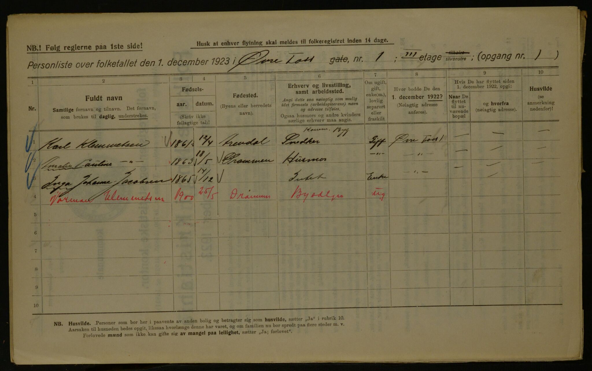 OBA, Kommunal folketelling 1.12.1923 for Kristiania, 1923, s. 142760