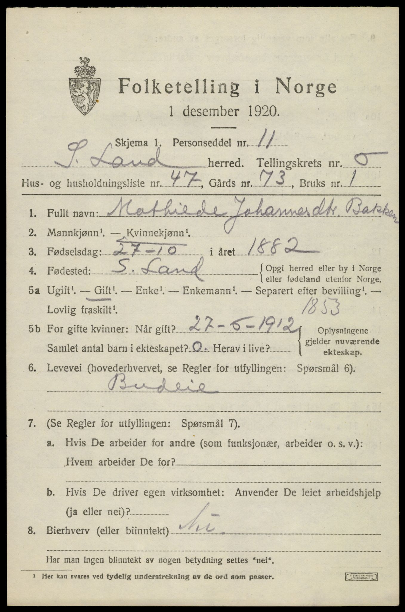 SAH, Folketelling 1920 for 0536 Søndre Land herred, 1920, s. 6833