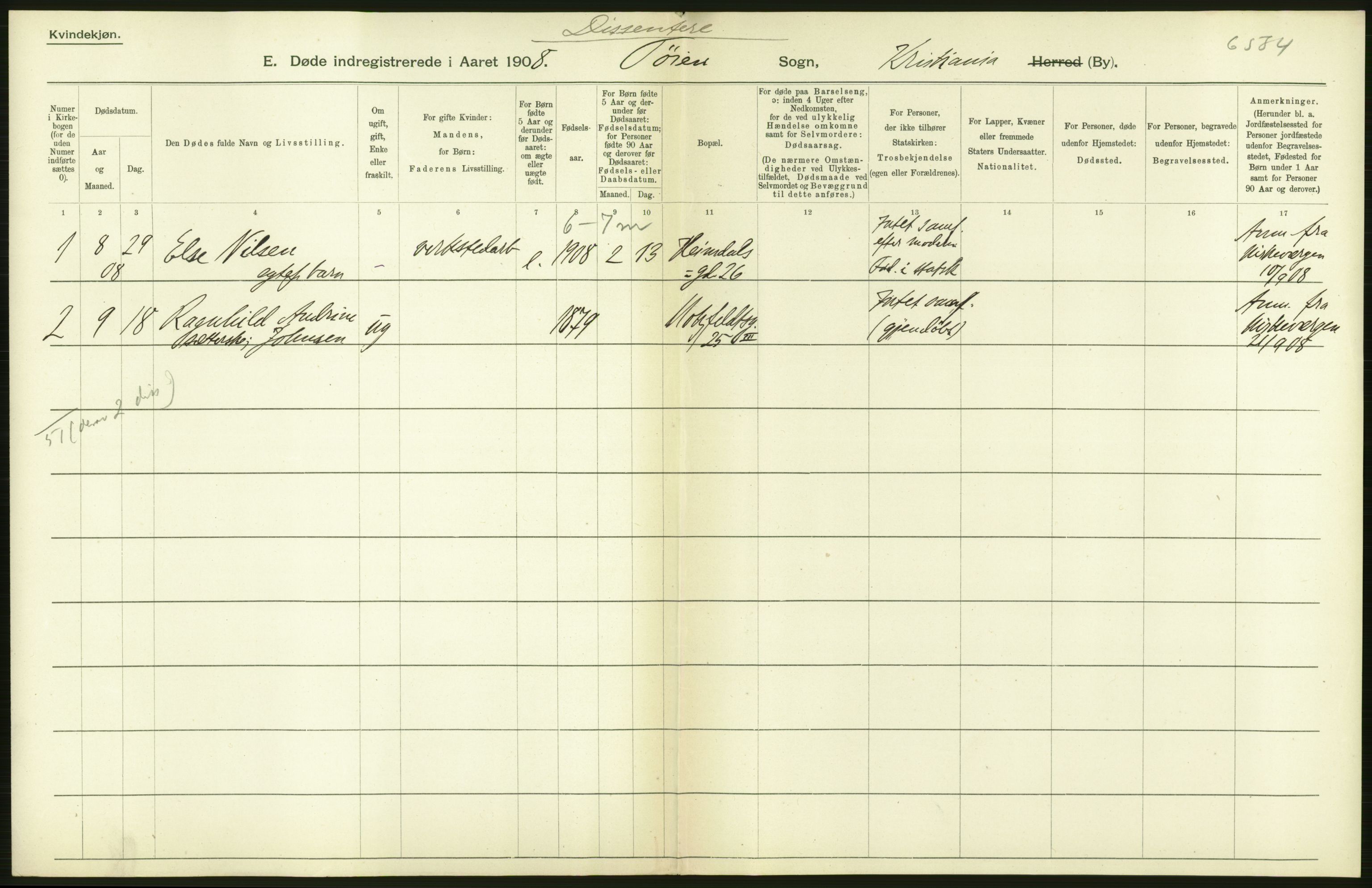 Statistisk sentralbyrå, Sosiodemografiske emner, Befolkning, RA/S-2228/D/Df/Dfa/Dfaf/L0009: Kristiania: Døde, dødfødte., 1908, s. 2