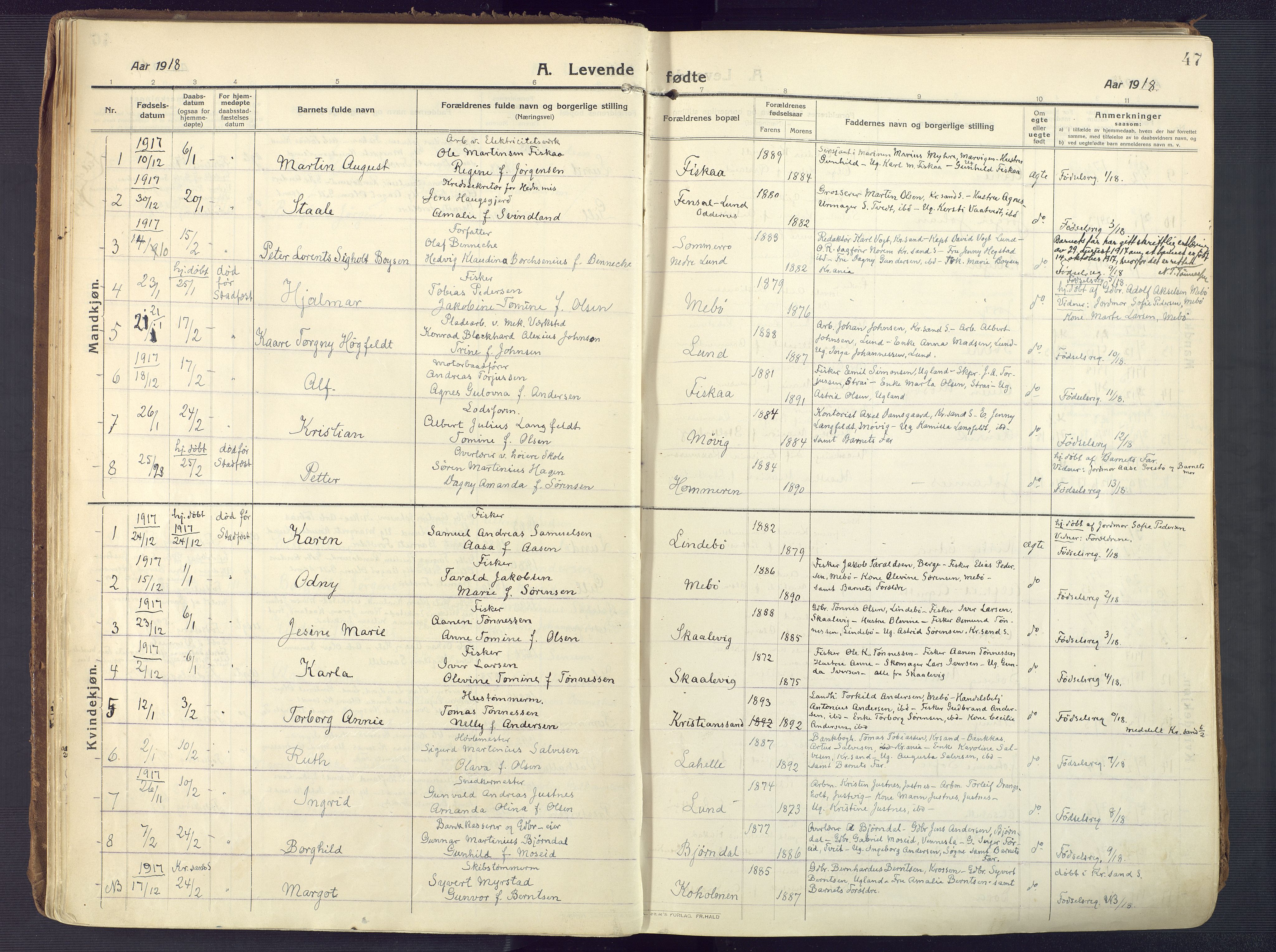 Oddernes sokneprestkontor, SAK/1111-0033/F/Fa/Faa/L0012: Ministerialbok nr. A 12, 1912-1925, s. 47