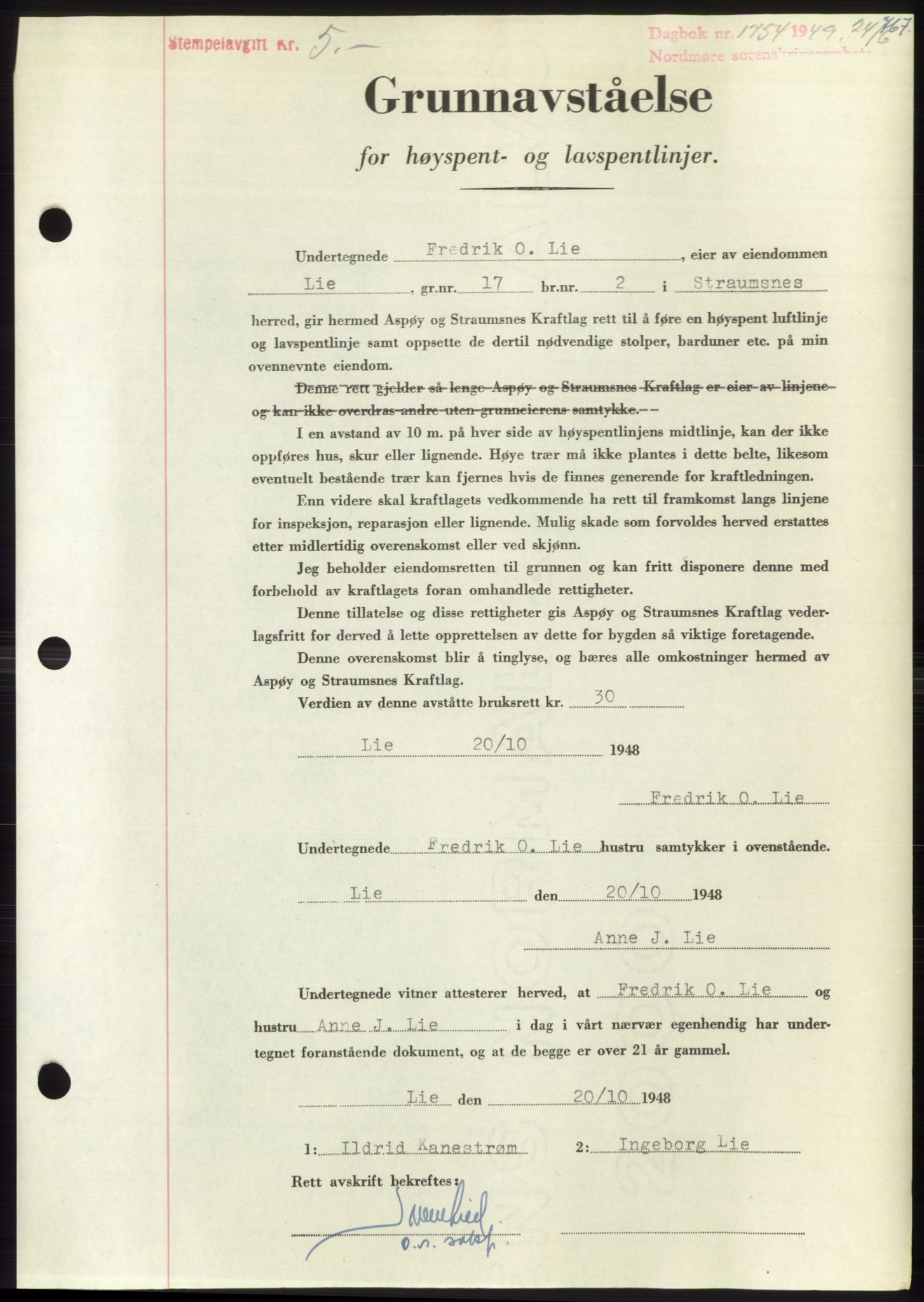 Nordmøre sorenskriveri, AV/SAT-A-4132/1/2/2Ca: Pantebok nr. B101, 1949-1949, Dagboknr: 1754/1949