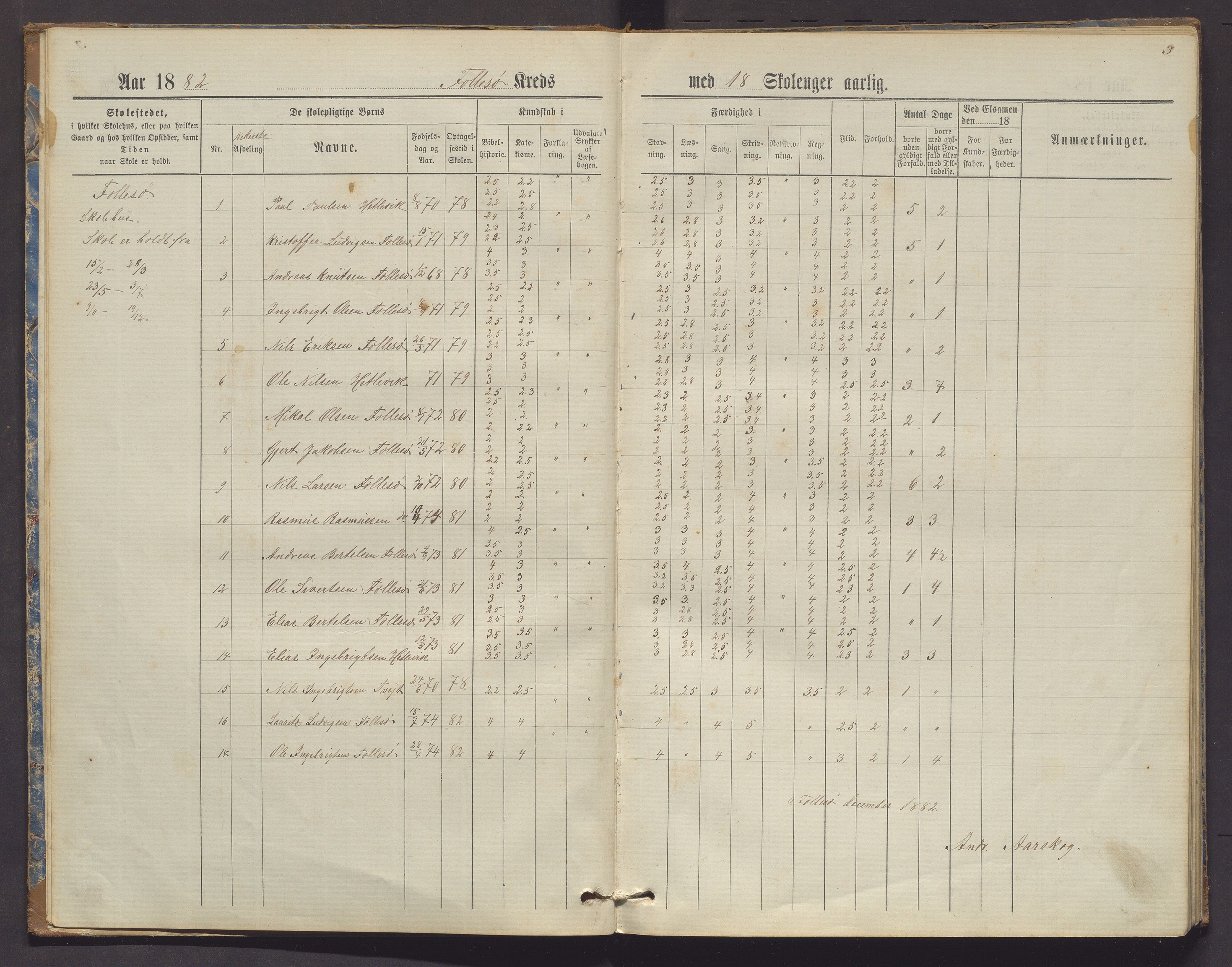 Askøy kommune. Barneskulane, IKAH/1247-231/F/Fd/L0002: Skuleprotokoll for Follese og Haugland krinsar, 1882-1893