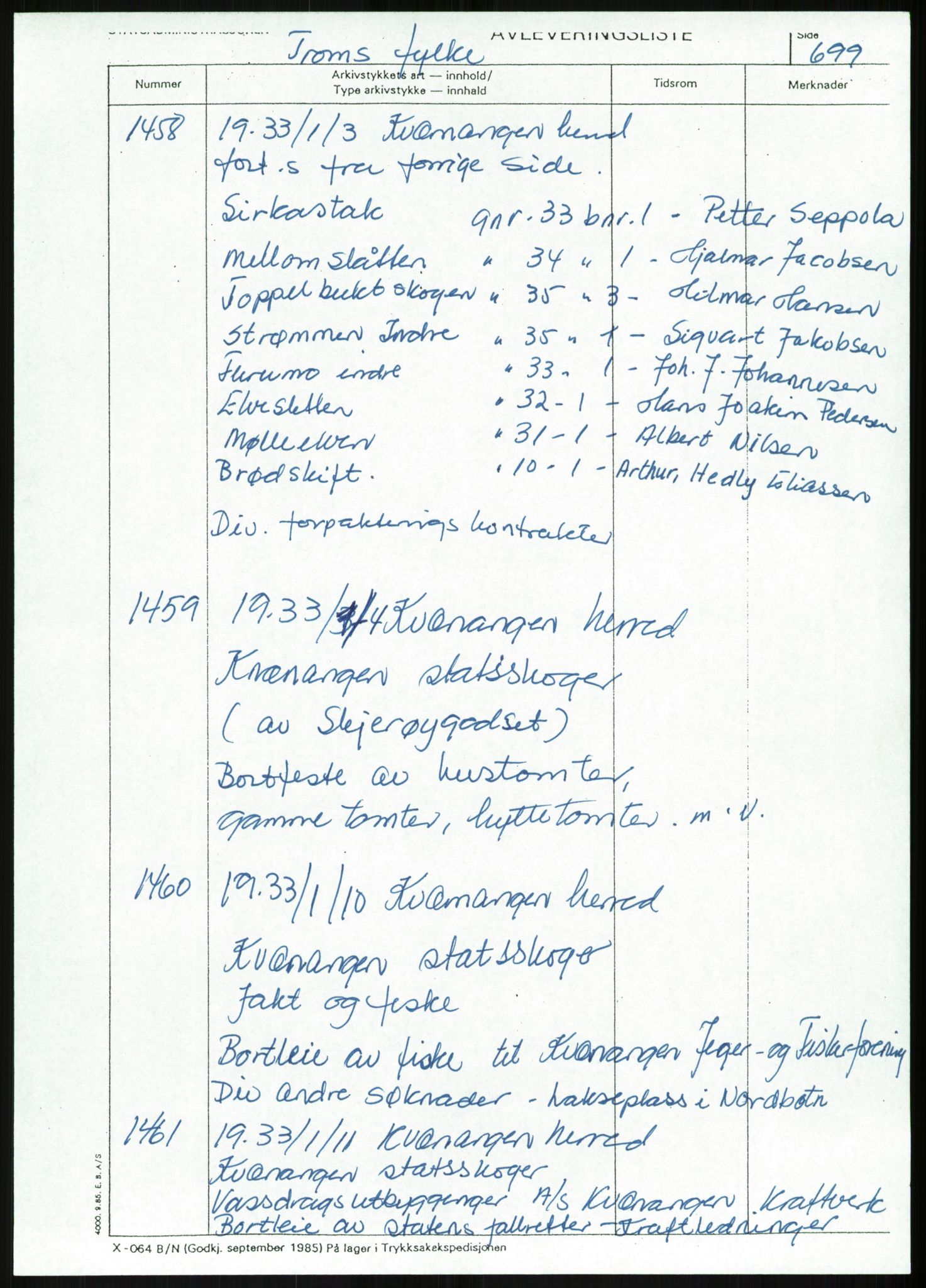 Direktoratet for statens skoger, RA/S-1600/2/E/Eg/L0003: Arkivliste for 10.11-serien. Nord-Trøndelag til Finnmark fylke. Mappenr. 926 - 1505, 1957-1992, s. 511
