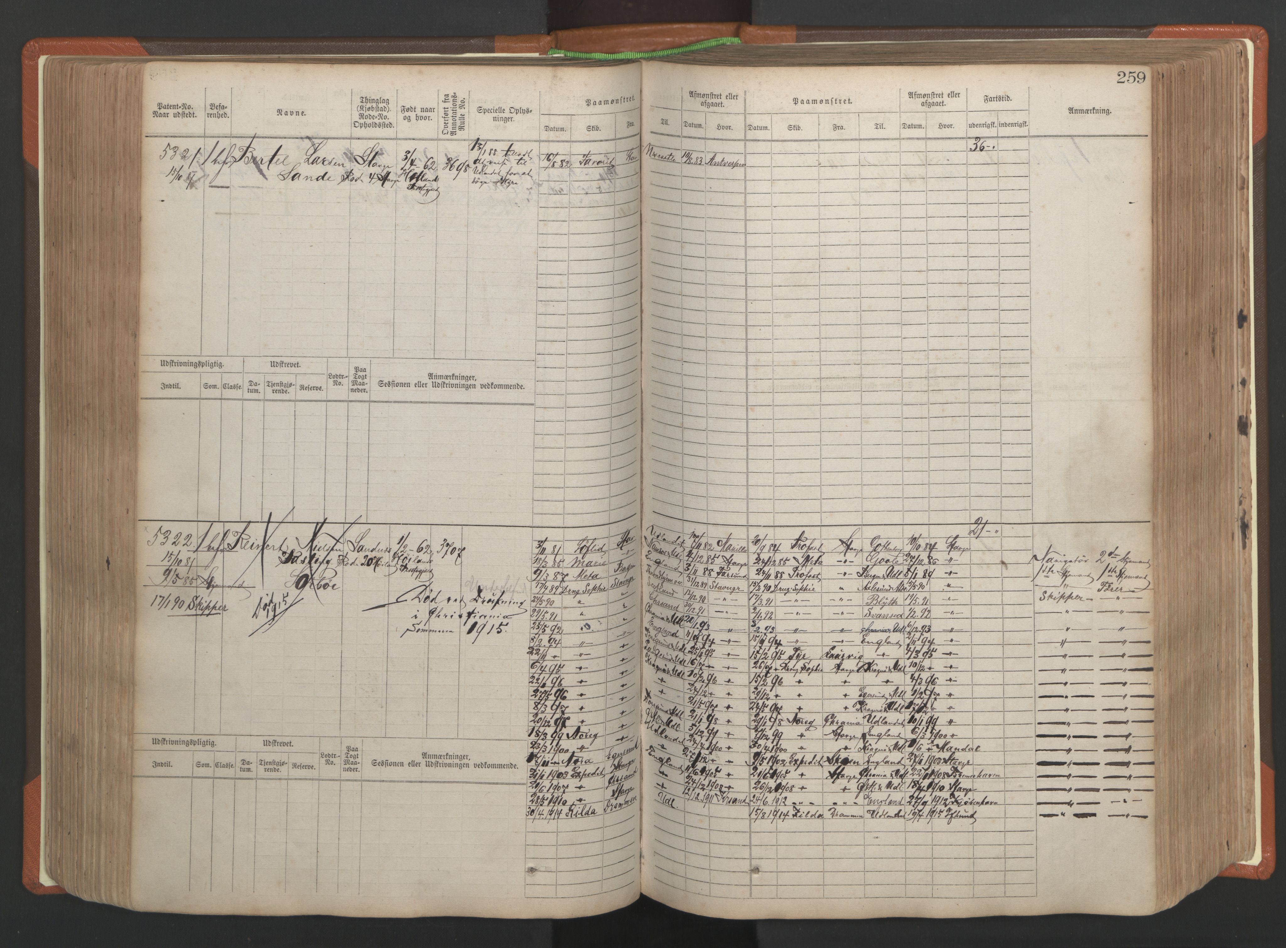 Stavanger sjømannskontor, AV/SAST-A-102006/F/Fb/Fbb/L0009: Sjøfartshovedrulle, patentnr. 4805-6006, 1879-1887, s. 265