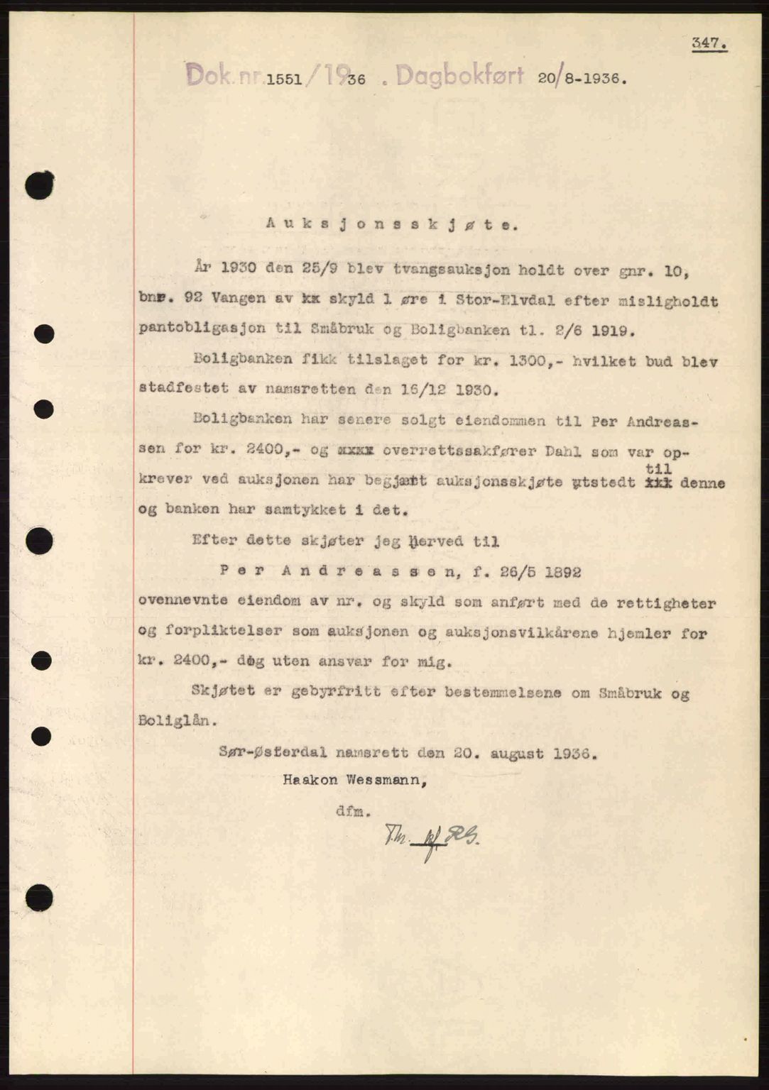 Sør-Østerdal sorenskriveri, SAH/TING-018/H/Hb/Hbb/L0054: Pantebok nr. A54, 1936-1936, Dagboknr: 1551/1936