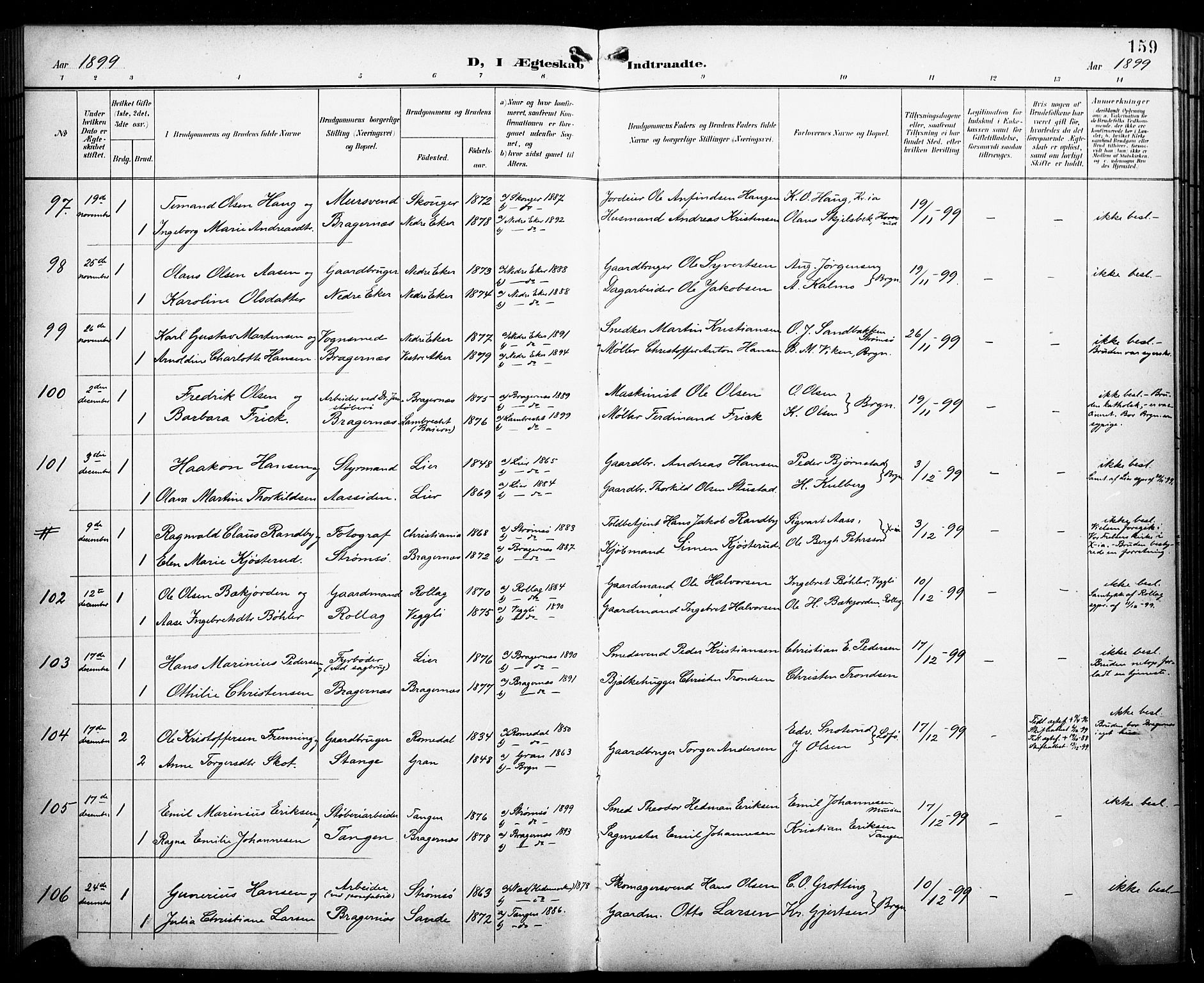 Bragernes kirkebøker, AV/SAKO-A-6/F/Fc/L0007: Ministerialbok nr. III 7, 1898-1909, s. 159