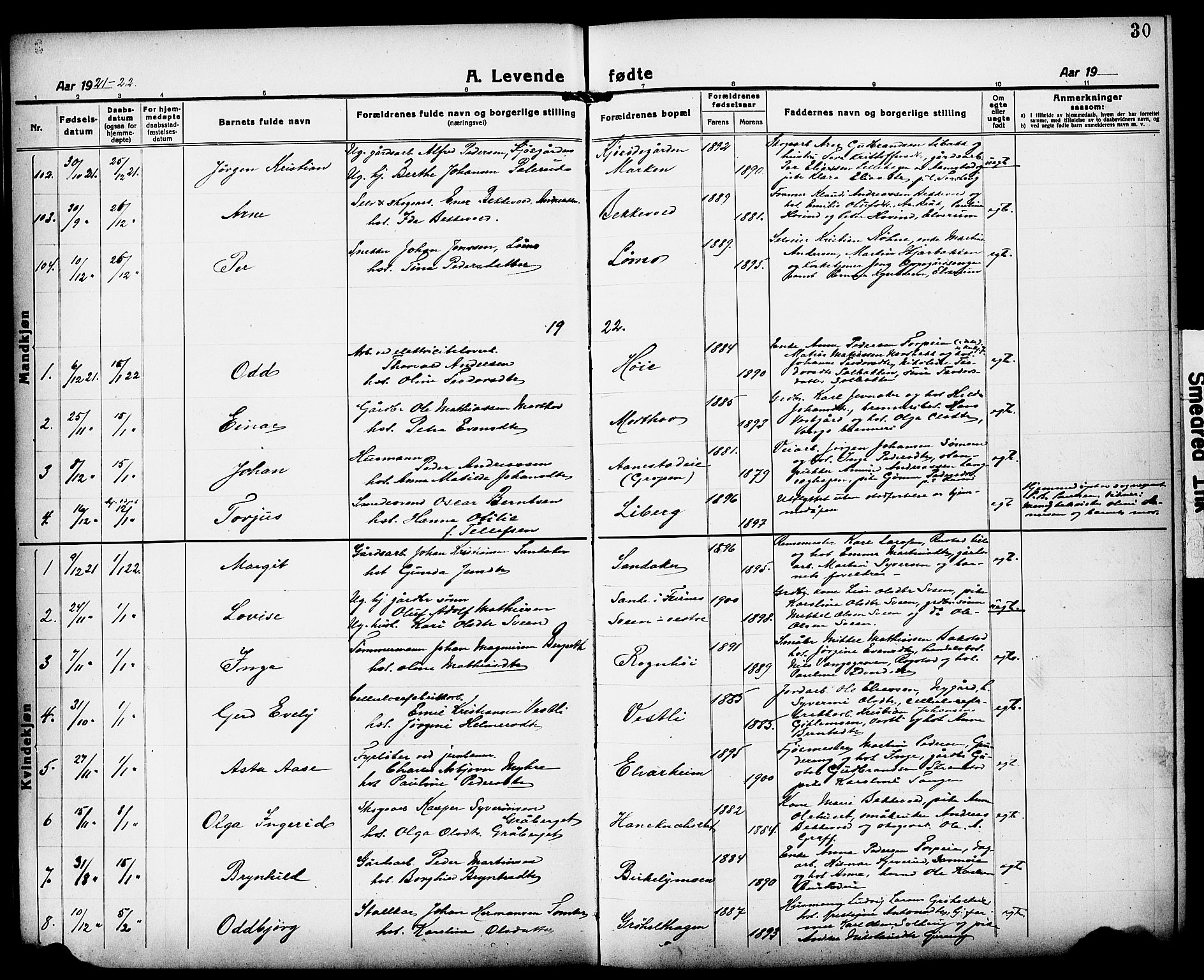 Løten prestekontor, AV/SAH-PREST-022/L/La/L0008: Klokkerbok nr. 8, 1920-1929, s. 30