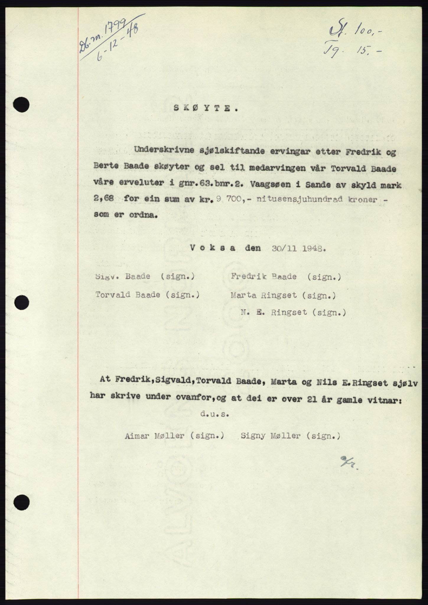 Søre Sunnmøre sorenskriveri, AV/SAT-A-4122/1/2/2C/L0083: Pantebok nr. 9A, 1948-1949, Dagboknr: 1799/1948