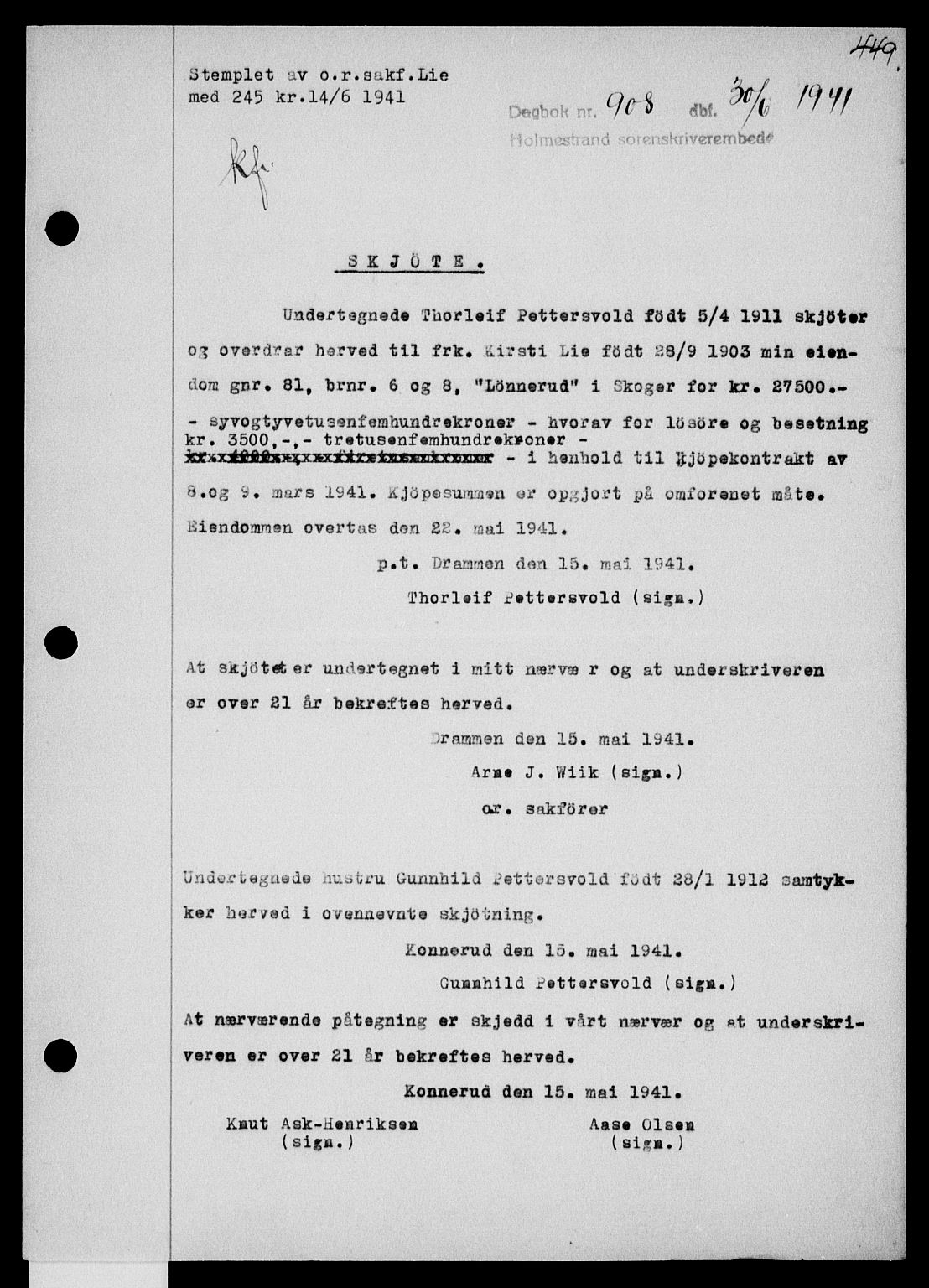 Holmestrand sorenskriveri, SAKO/A-67/G/Ga/Gaa/L0053: Pantebok nr. A-53, 1941-1941, Dagboknr: 908/1941