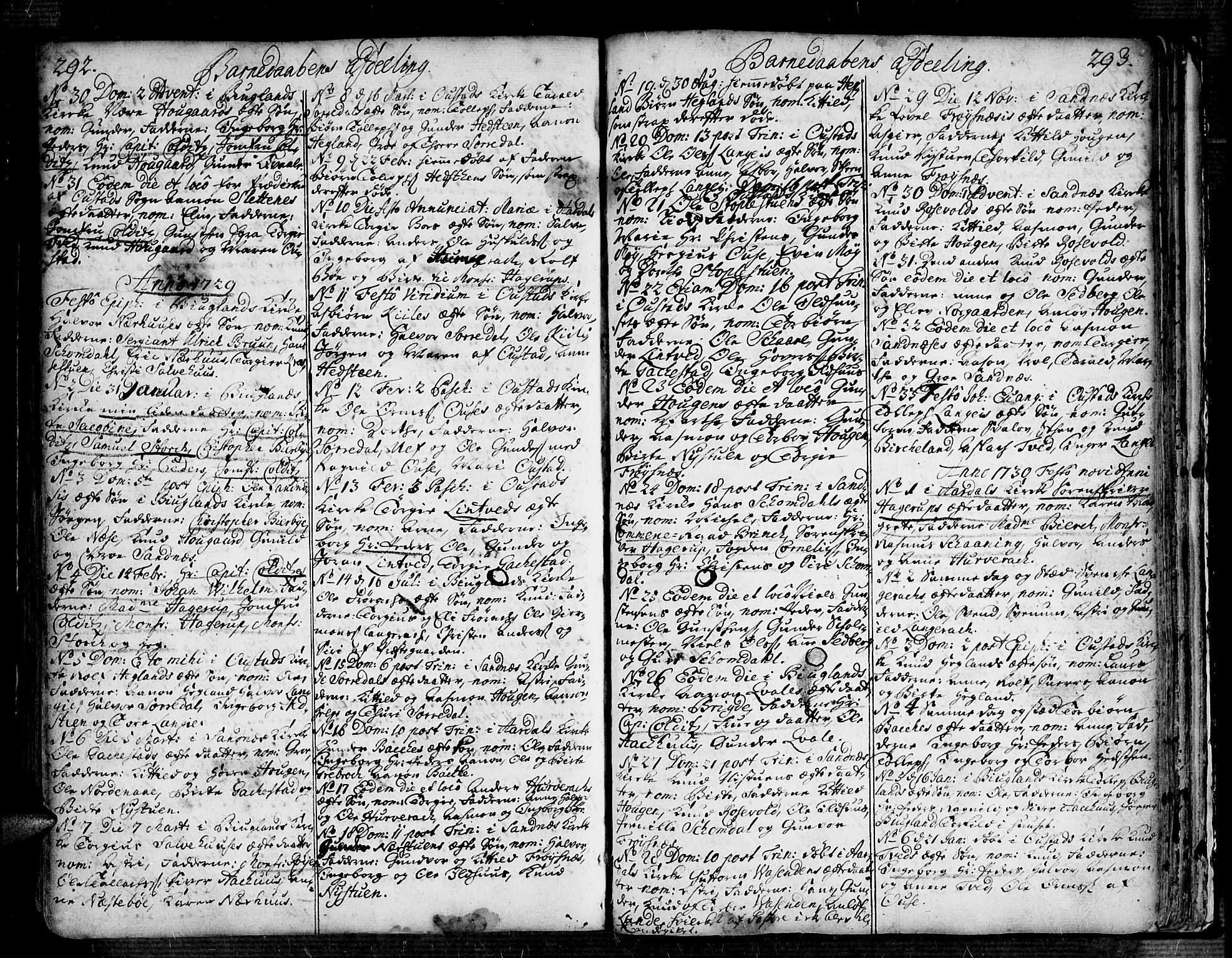 Bygland sokneprestkontor, AV/SAK-1111-0006/F/Fa/Fab/L0001: Ministerialbok nr. A 1, 1725-1766, s. 292-293