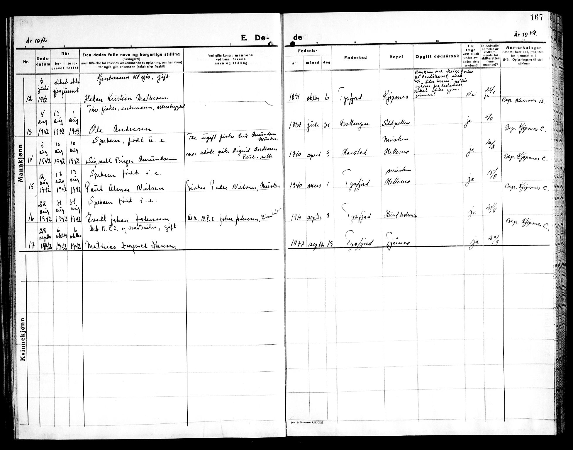 Ministerialprotokoller, klokkerbøker og fødselsregistre - Nordland, AV/SAT-A-1459/861/L0881: Klokkerbok nr. 861C07, 1938-1945, s. 167