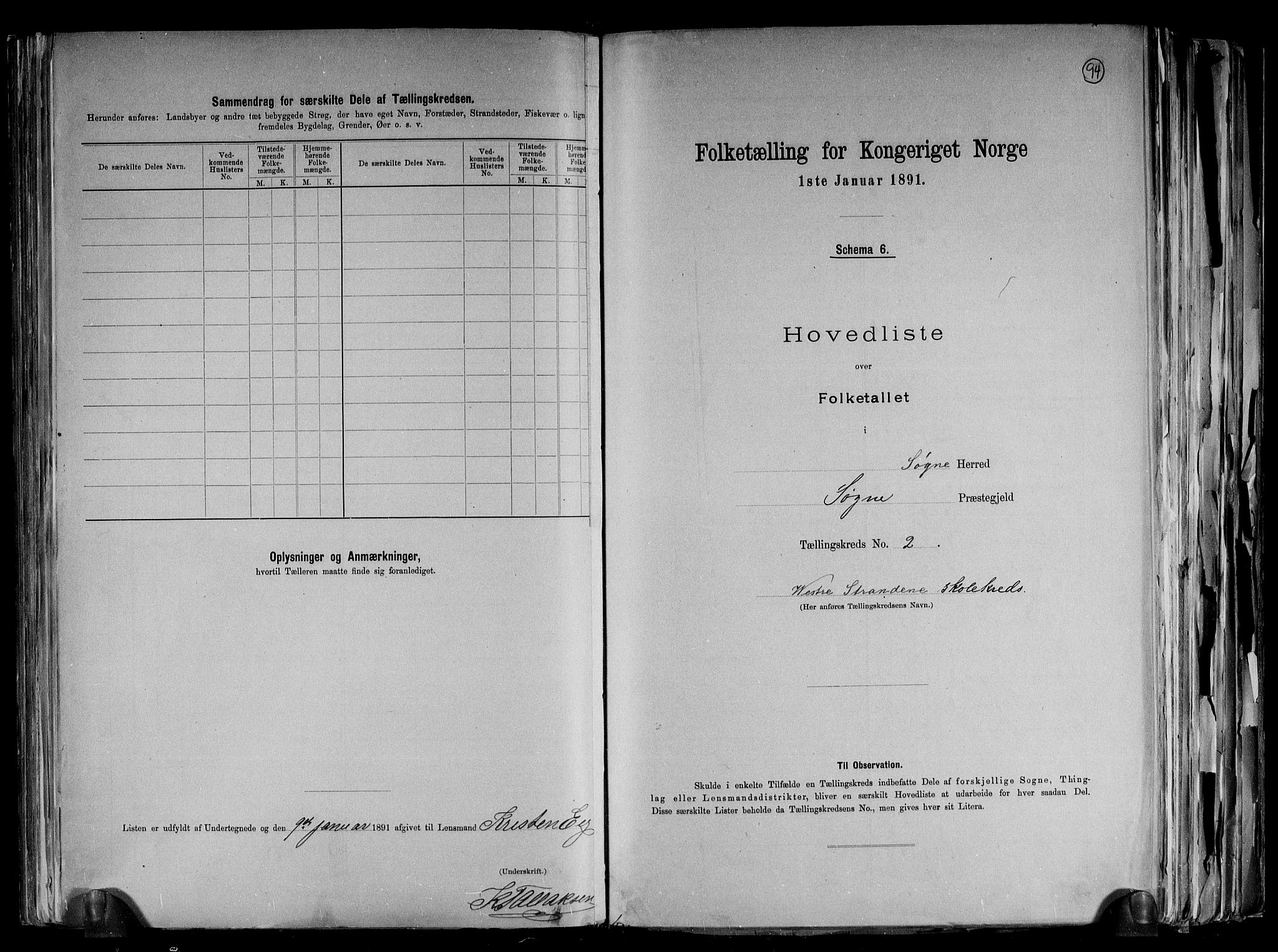 RA, Folketelling 1891 for 1018 Søgne herred, 1891, s. 9