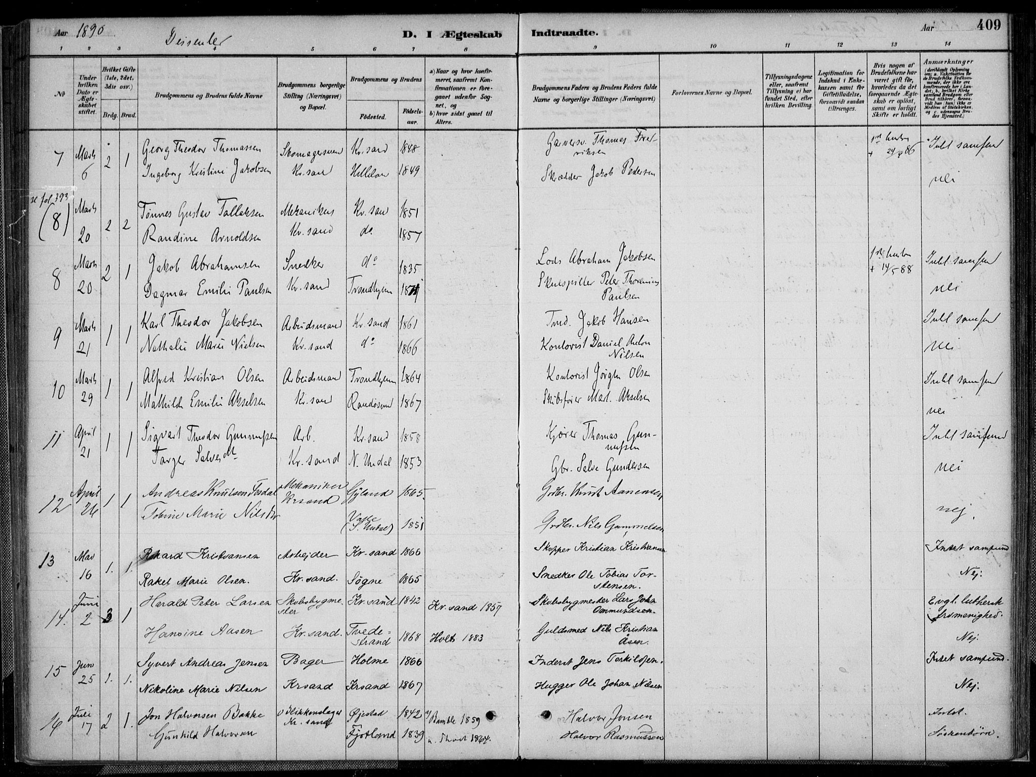 Kristiansand domprosti, AV/SAK-1112-0006/F/Fa/L0017: Ministerialbok nr. A 16B, 1880-1890, s. 409