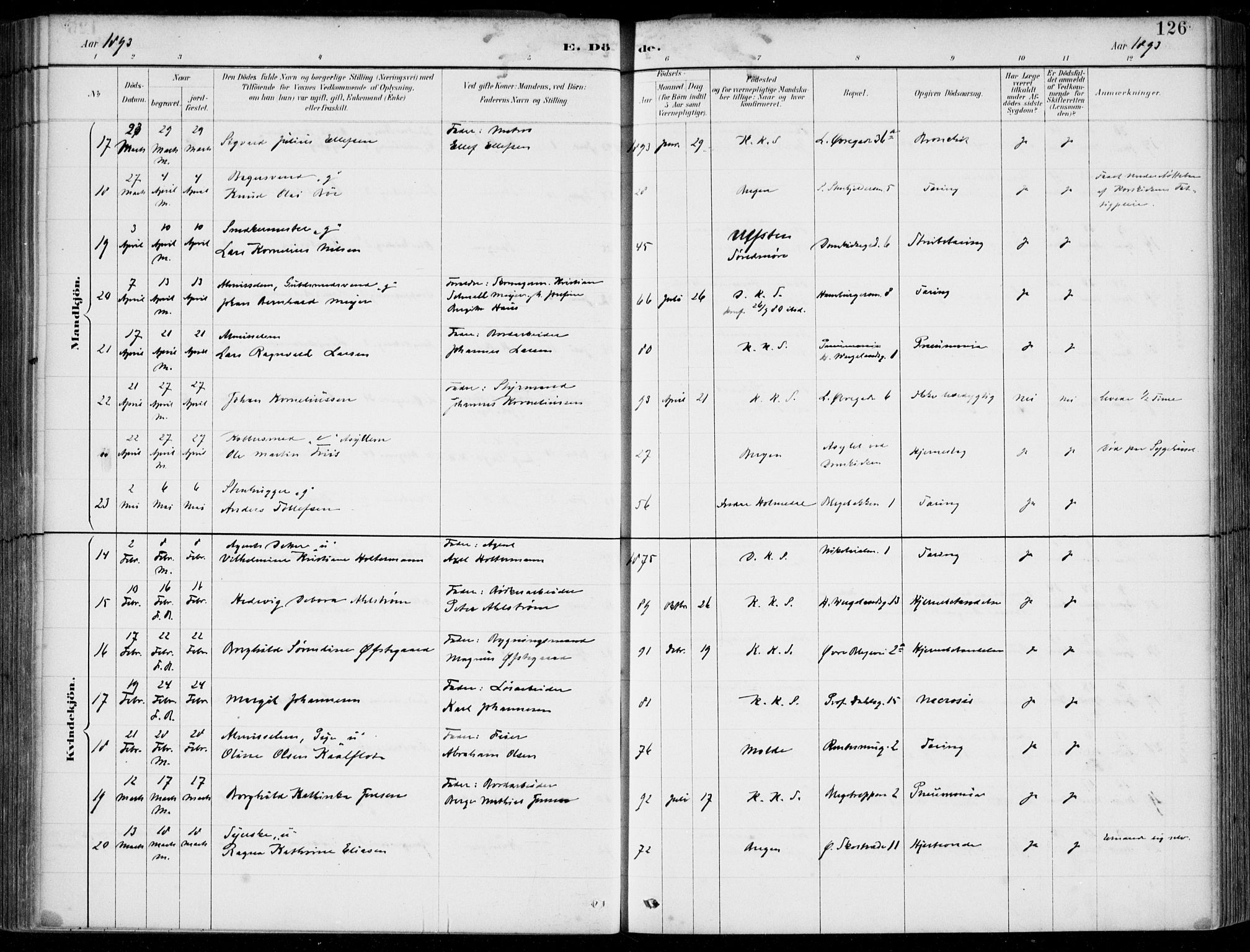 Korskirken sokneprestembete, AV/SAB-A-76101/H/Hab: Klokkerbok nr. E 4, 1884-1910, s. 126