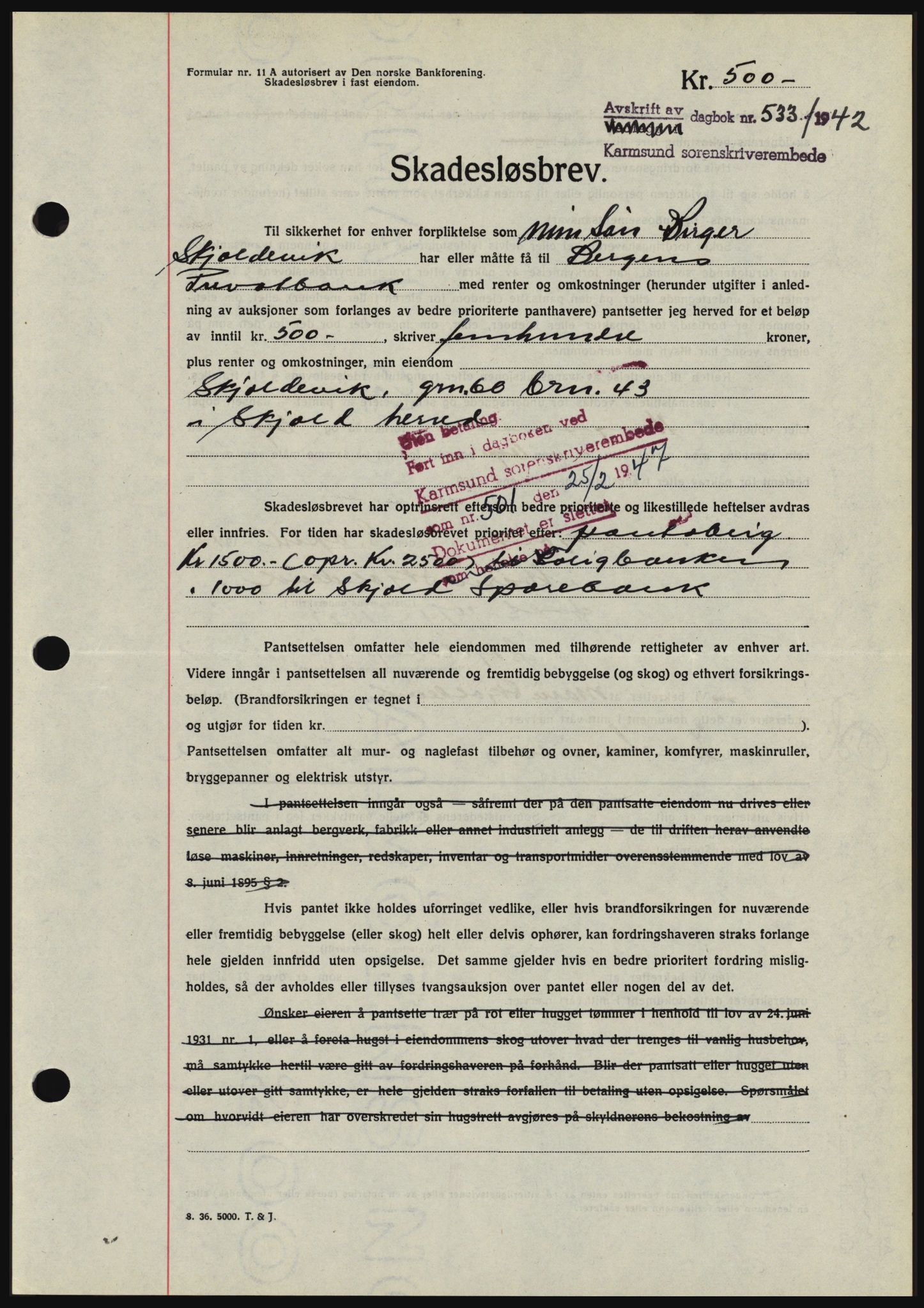 Karmsund sorenskriveri, SAST/A-100311/01/II/IIBBE/L0008: Pantebok nr. B 54, 1942-1943, Dagboknr: 533/1942
