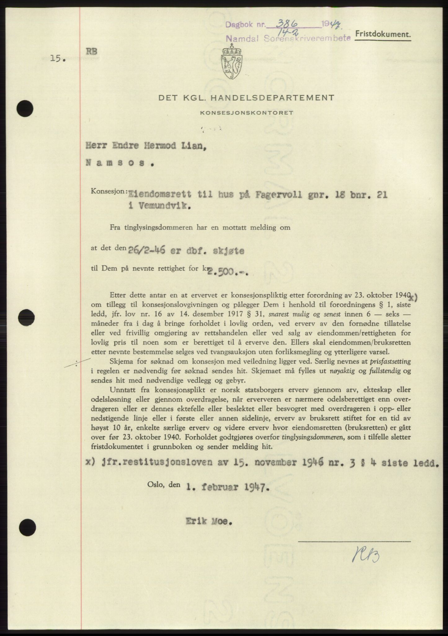 Namdal sorenskriveri, SAT/A-4133/1/2/2C: Pantebok nr. -, 1946-1947, Dagboknr: 386/1947