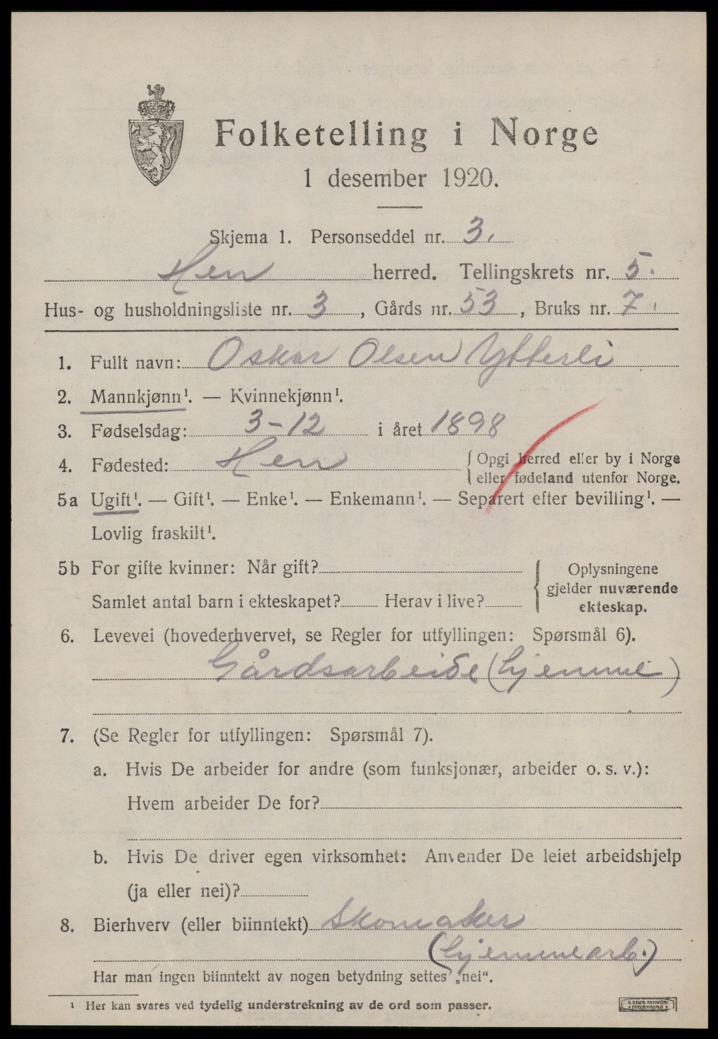 SAT, Folketelling 1920 for 1540 Hen herred, 1920, s. 2344