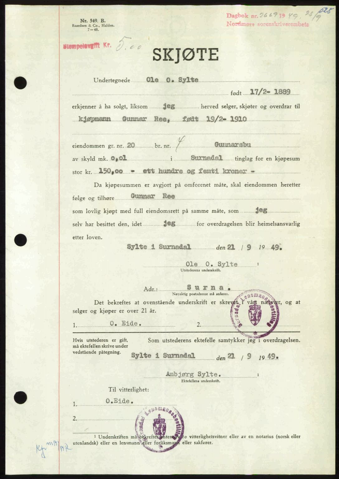 Nordmøre sorenskriveri, SAT/A-4132/1/2/2Ca: Pantebok nr. A112, 1949-1949, Dagboknr: 2669/1949