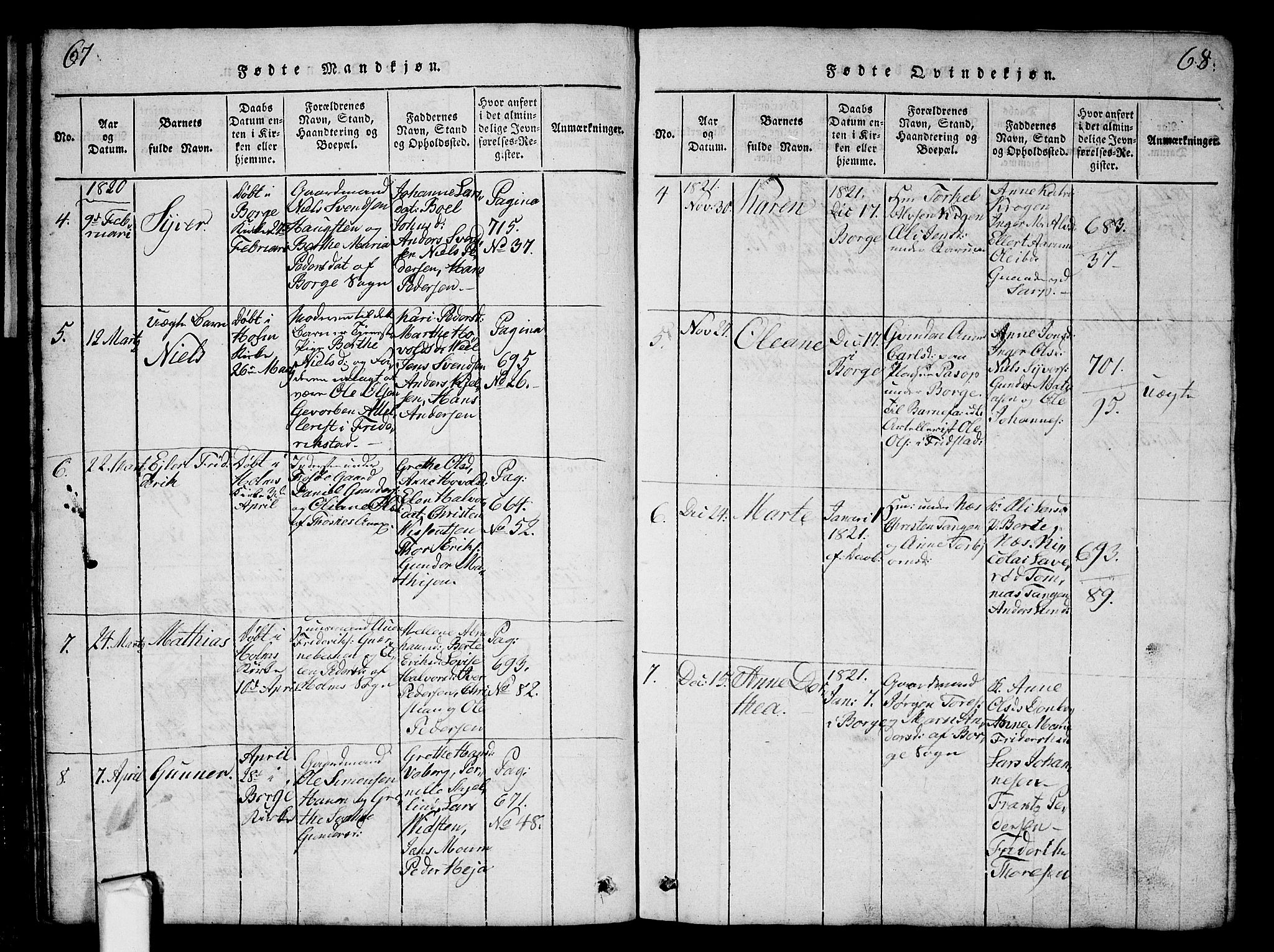 Borge prestekontor Kirkebøker, SAO/A-10903/G/Ga/L0001: Klokkerbok nr.  I 1, 1815-1835, s. 67-68
