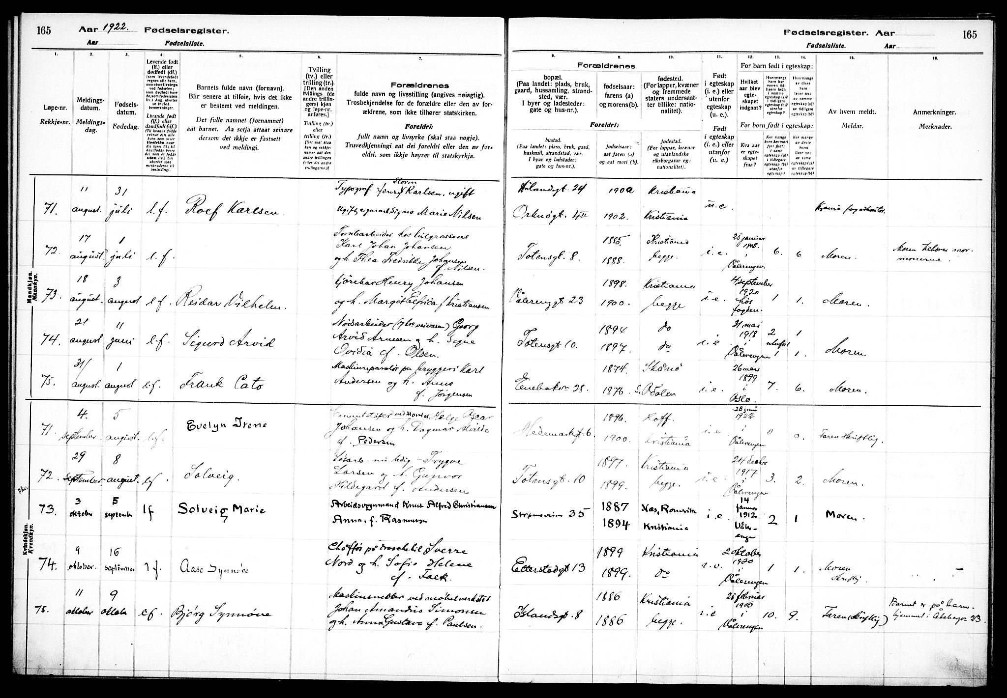 Vålerengen prestekontor Kirkebøker, AV/SAO-A-10878/J/Ja/L0001: Fødselsregister nr. 1, 1916-1924, s. 165