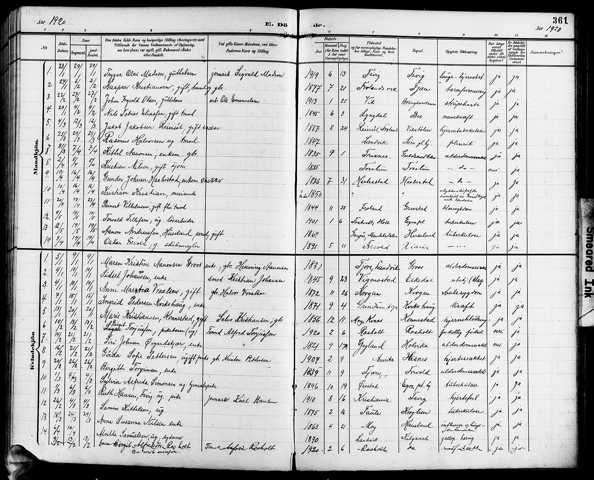 Fjære sokneprestkontor, AV/SAK-1111-0011/F/Fb/L0012: Klokkerbok nr. B 12, 1902-1925, s. 361