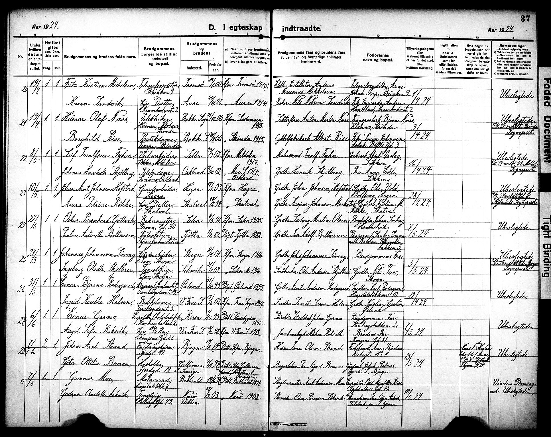 Ministerialprotokoller, klokkerbøker og fødselsregistre - Sør-Trøndelag, SAT/A-1456/602/L0149: Klokkerbok nr. 602C17, 1919-1932, s. 37