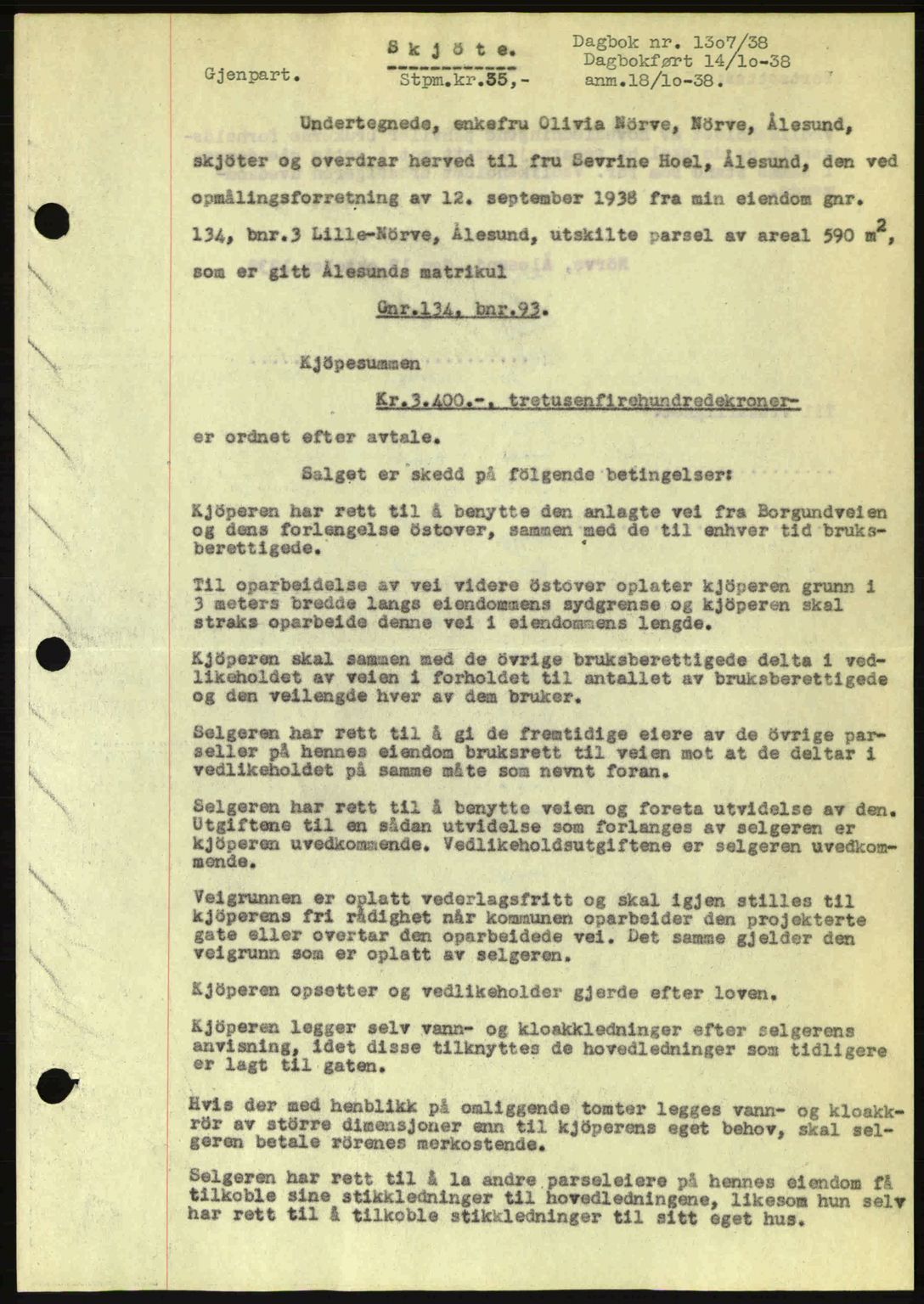 Ålesund byfogd, AV/SAT-A-4384: Pantebok nr. 34 II, 1938-1940, Dagboknr: 1307/1938