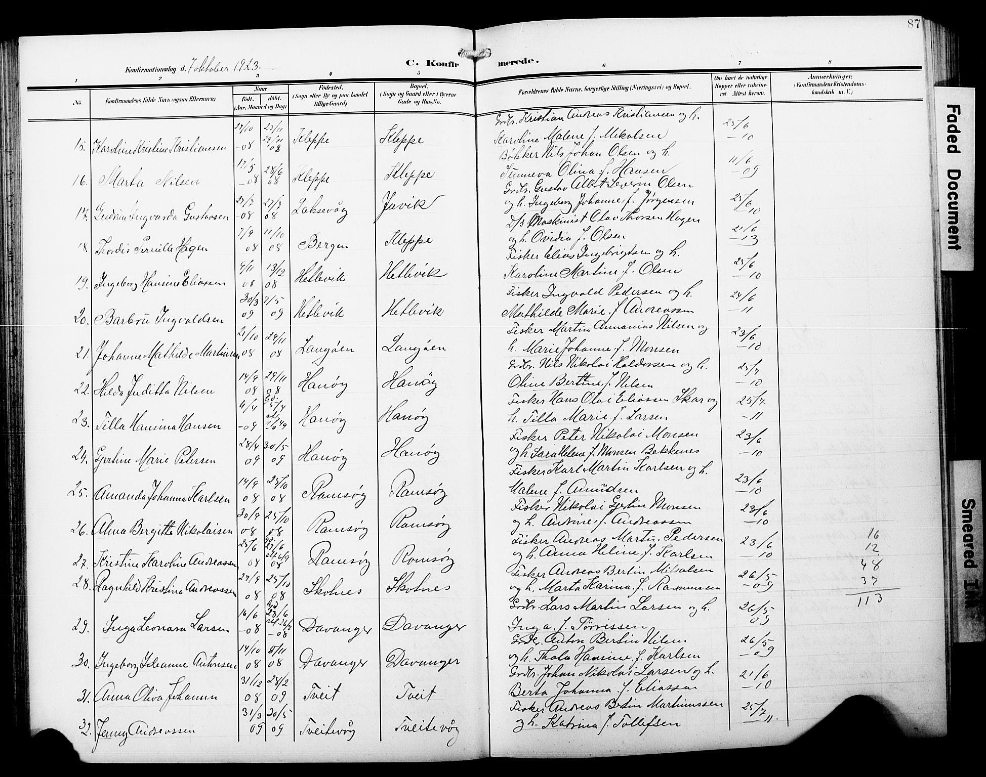 Askøy Sokneprestembete, AV/SAB-A-74101/H/Ha/Hab/Haba/L0014: Klokkerbok nr. A 14, 1904-1927, s. 87