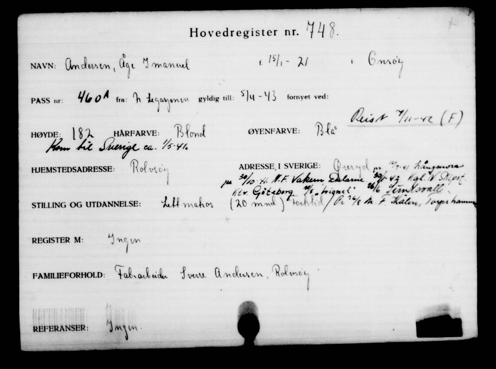 Utenriksstasjonene, Legasjonen i Stockholm, Flyktningkontoret, AV/RA-S-6753/V/Va/L0001: Kjesäterkartoteket, flyktninger med registreringsnr. 1-1000, 1940-1945, s. 1180