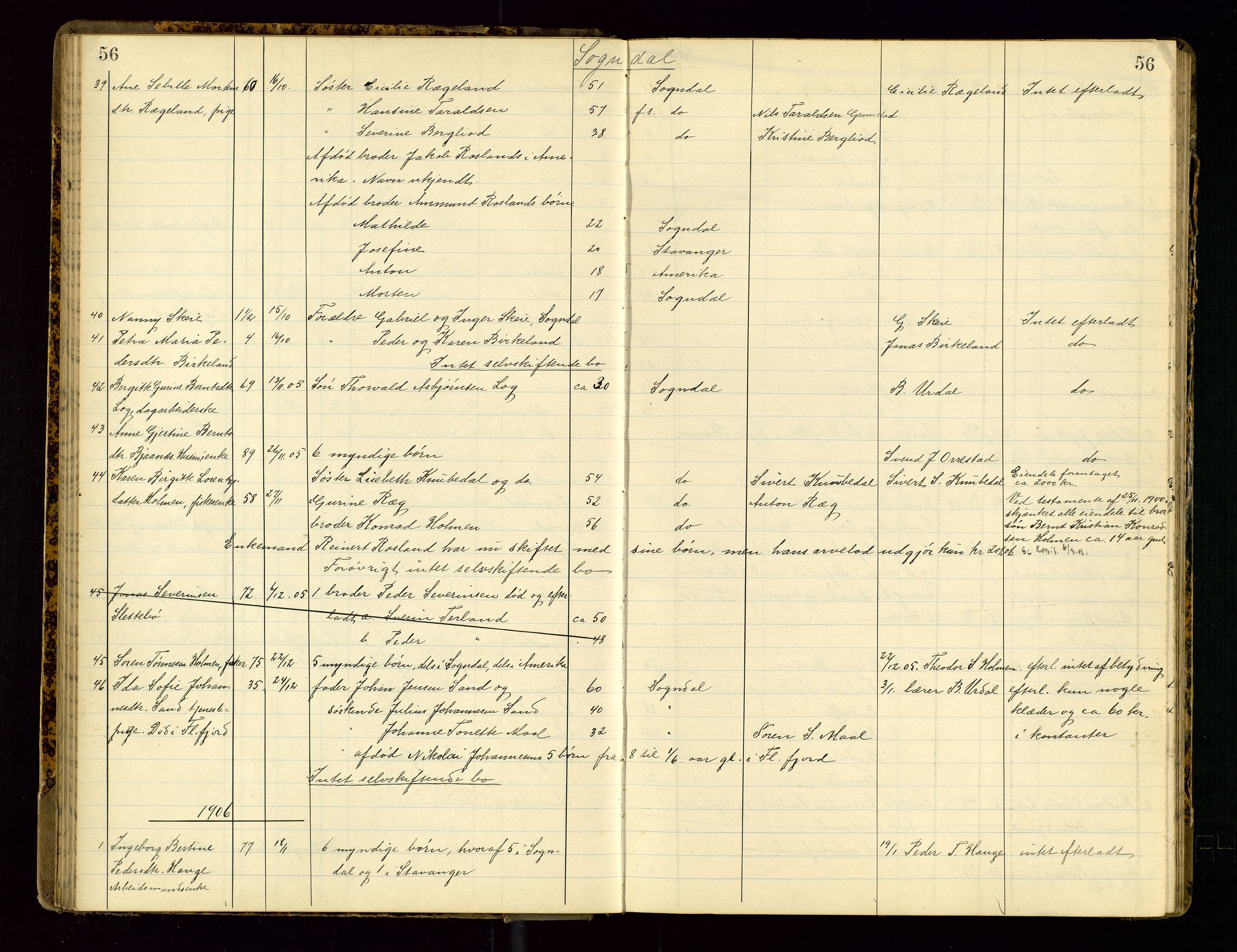 Dalane sorenskriveri, AV/SAST-A-100309/001/5/52/L0001: DØDSFALLPROTOKOLL, 1904-1911, s. 56