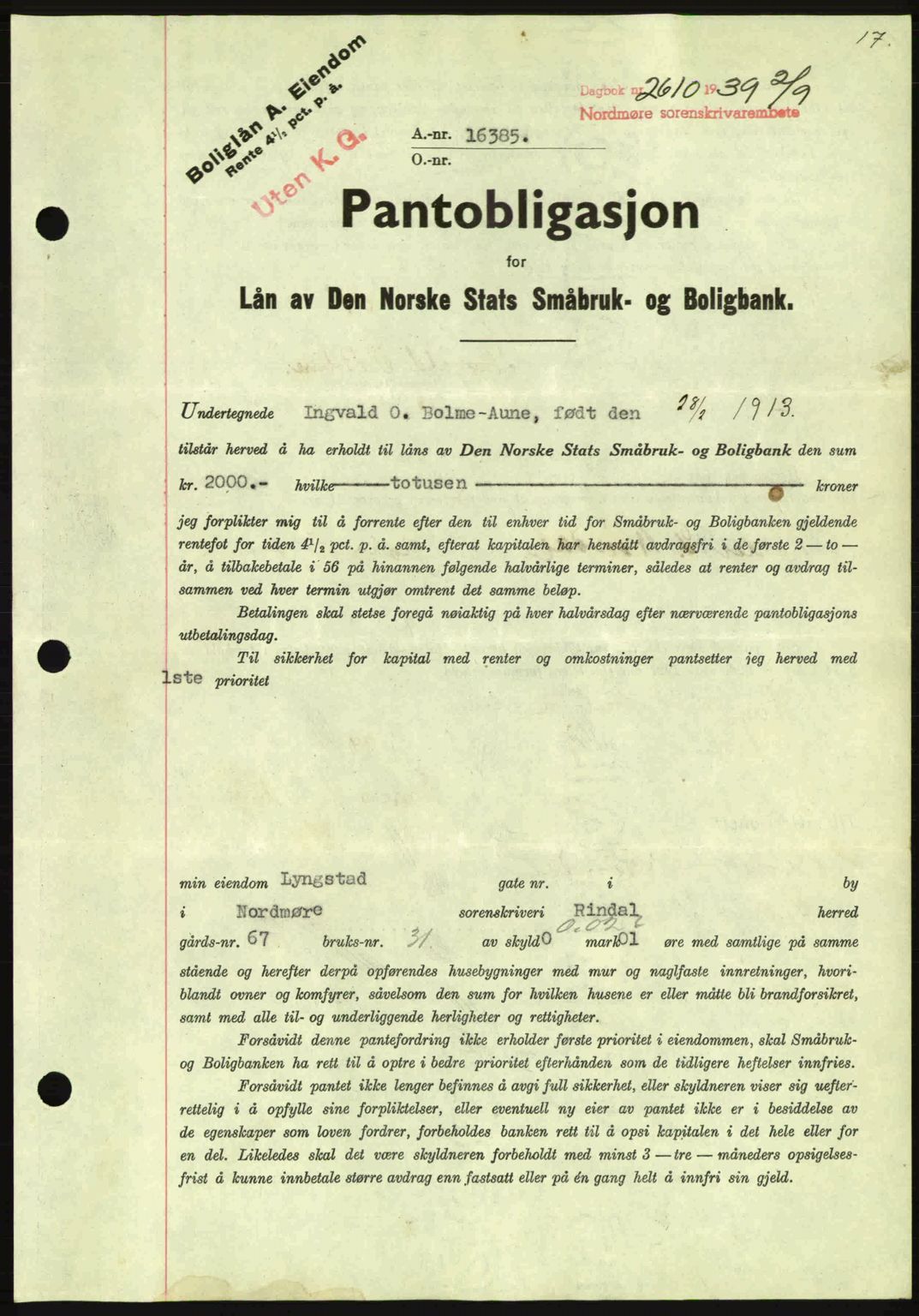 Nordmøre sorenskriveri, AV/SAT-A-4132/1/2/2Ca: Pantebok nr. B86, 1939-1940, Dagboknr: 2610/1939