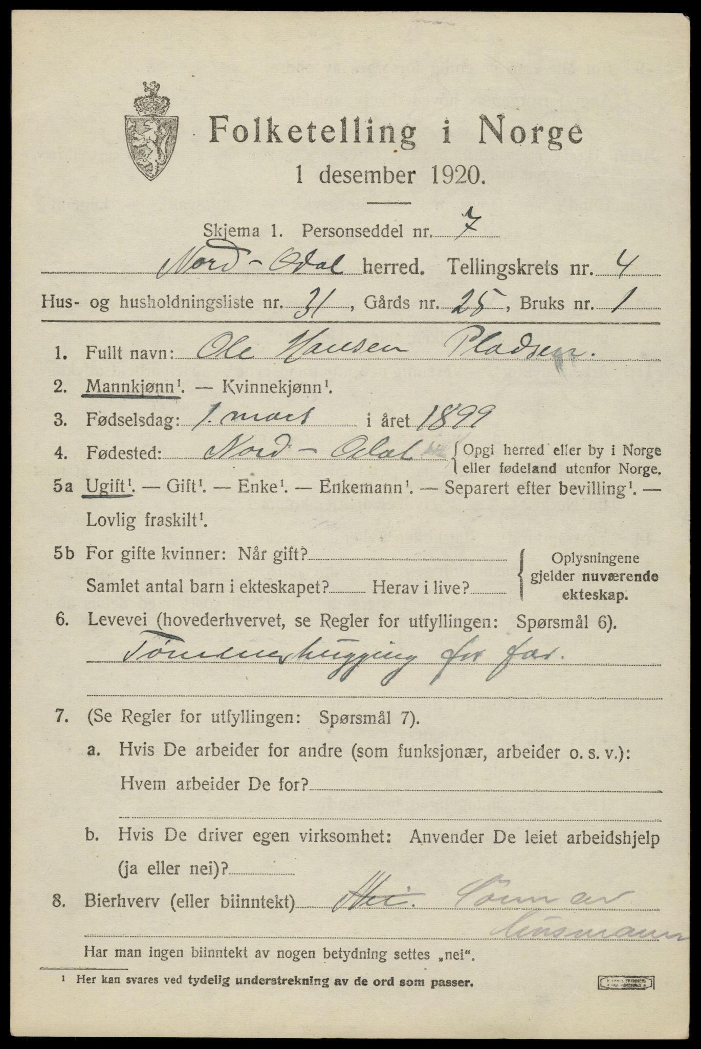 SAH, Folketelling 1920 for 0418 Nord-Odal herred, 1920, s. 5019