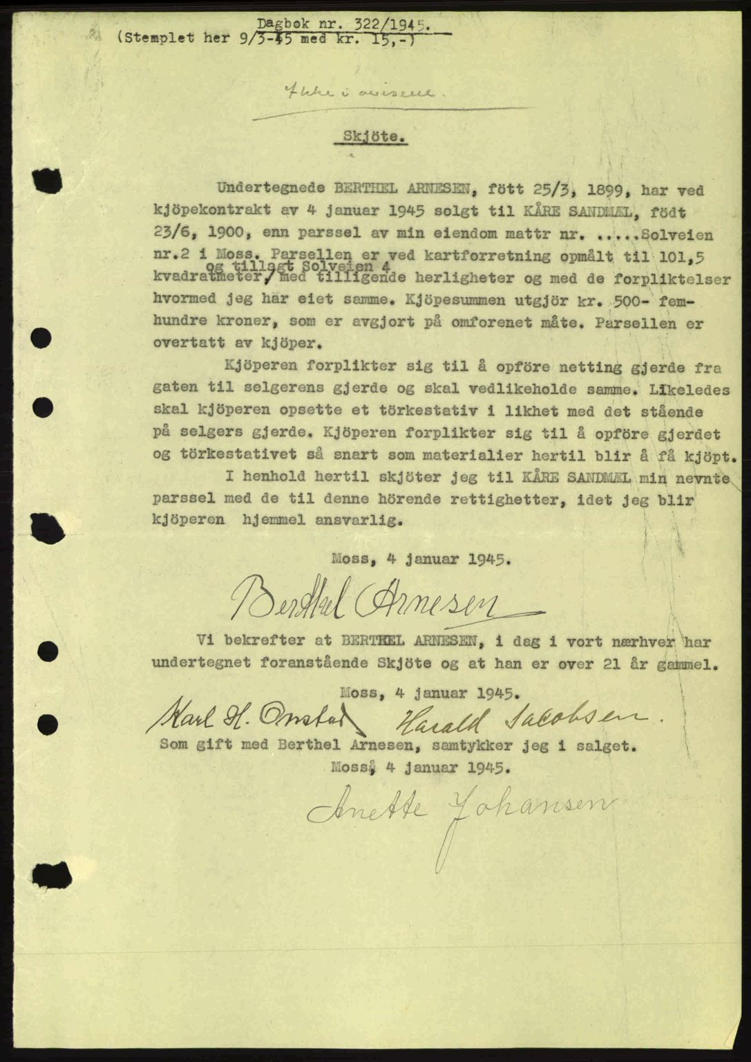 Moss sorenskriveri, SAO/A-10168: Pantebok nr. A13, 1944-1945, Dagboknr: 322/1945