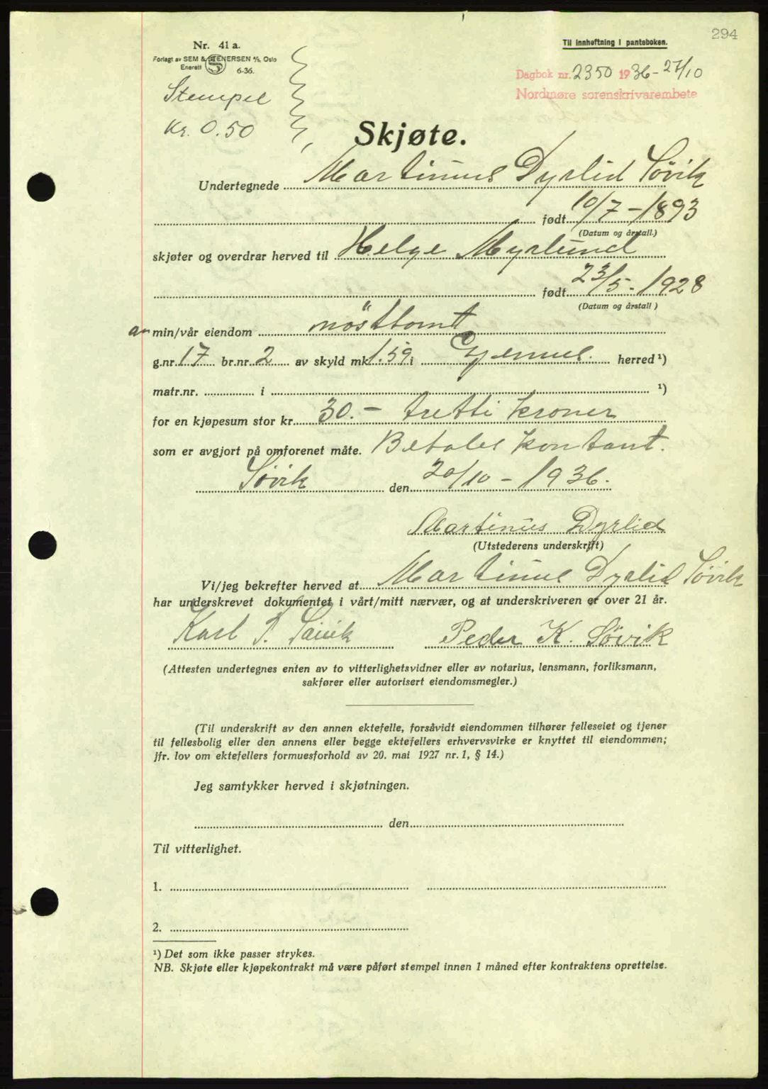 Nordmøre sorenskriveri, AV/SAT-A-4132/1/2/2Ca: Pantebok nr. A80, 1936-1937, Dagboknr: 2350/1936