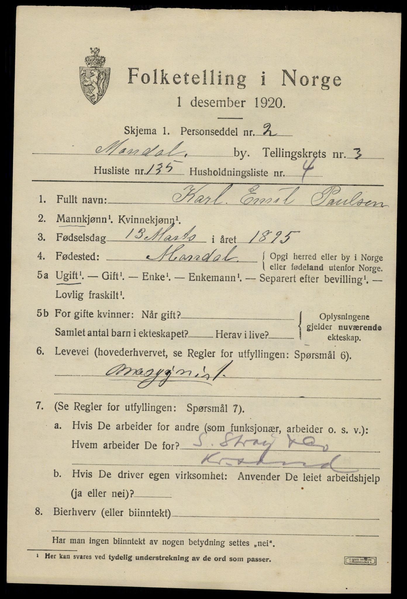 SAK, Folketelling 1920 for 1002 Mandal ladested, 1920, s. 7013
