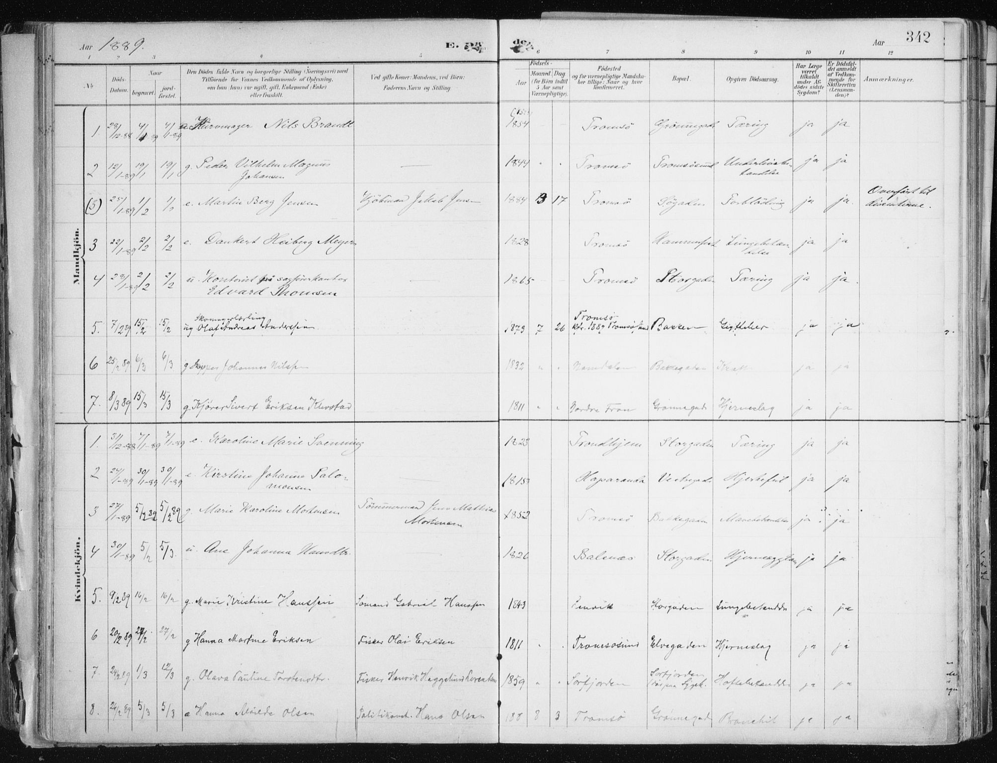 Tromsø sokneprestkontor/stiftsprosti/domprosti, AV/SATØ-S-1343/G/Ga/L0015kirke: Ministerialbok nr. 15, 1889-1899, s. 342