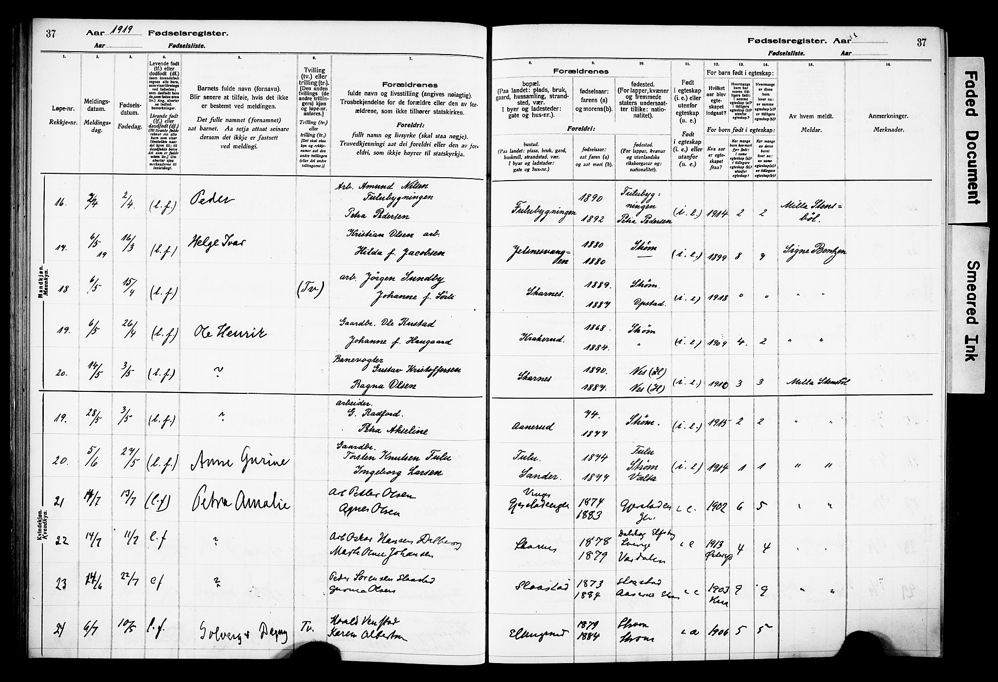 Sør-Odal prestekontor, AV/SAH-PREST-030/I/Id: Fødselsregister nr. 1, 1916-1931, s. 37