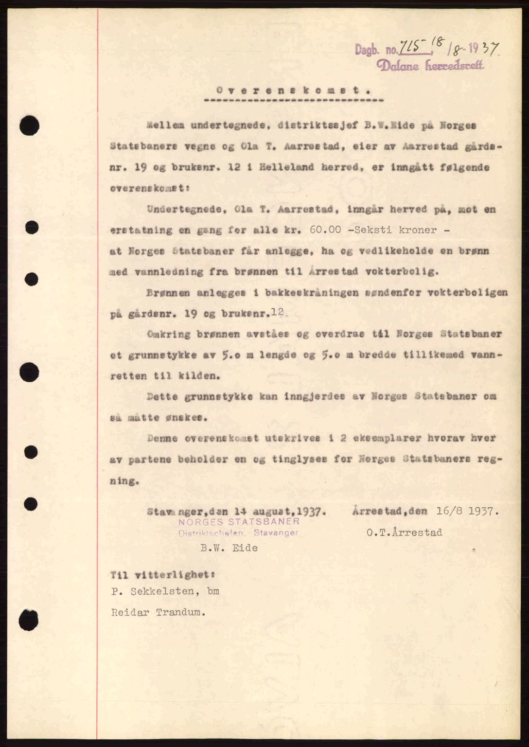 Dalane sorenskriveri, SAST/A-100309/02/G/Gb/L0041: Pantebok nr. A2, 1936-1937, Dagboknr: 715/1937