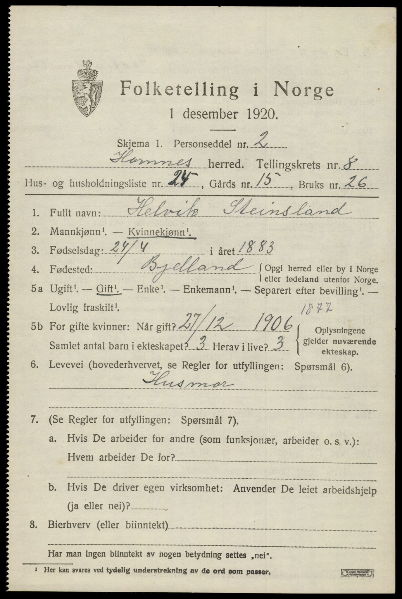 SAK, Folketelling 1920 for 0936 Hornnes herred, 1920, s. 2167