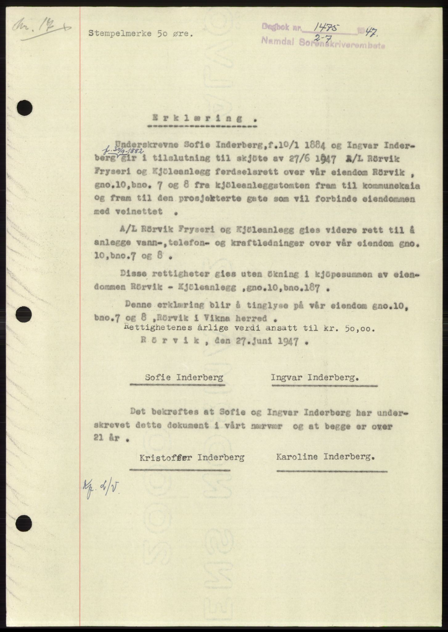 Namdal sorenskriveri, SAT/A-4133/1/2/2C: Pantebok nr. -, 1947-1947, Dagboknr: 1475/1947