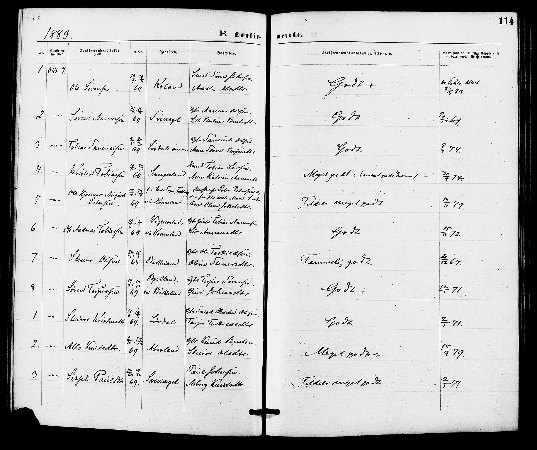 Holum sokneprestkontor, SAK/1111-0022/F/Fa/Fab/L0006: Ministerialbok nr. A 6, 1875-1886, s. 114