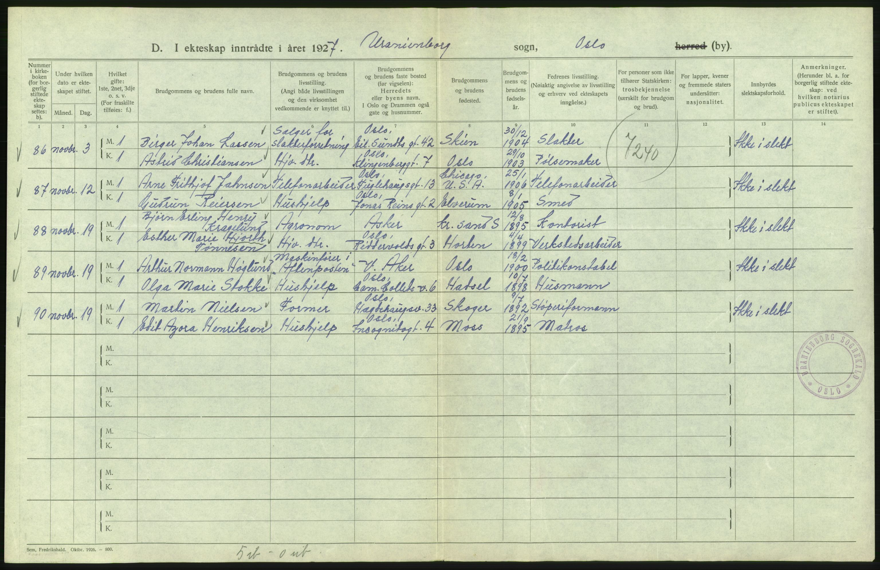 Statistisk sentralbyrå, Sosiodemografiske emner, Befolkning, AV/RA-S-2228/D/Df/Dfc/Dfcg/L0008: Oslo: Gifte, 1927, s. 226