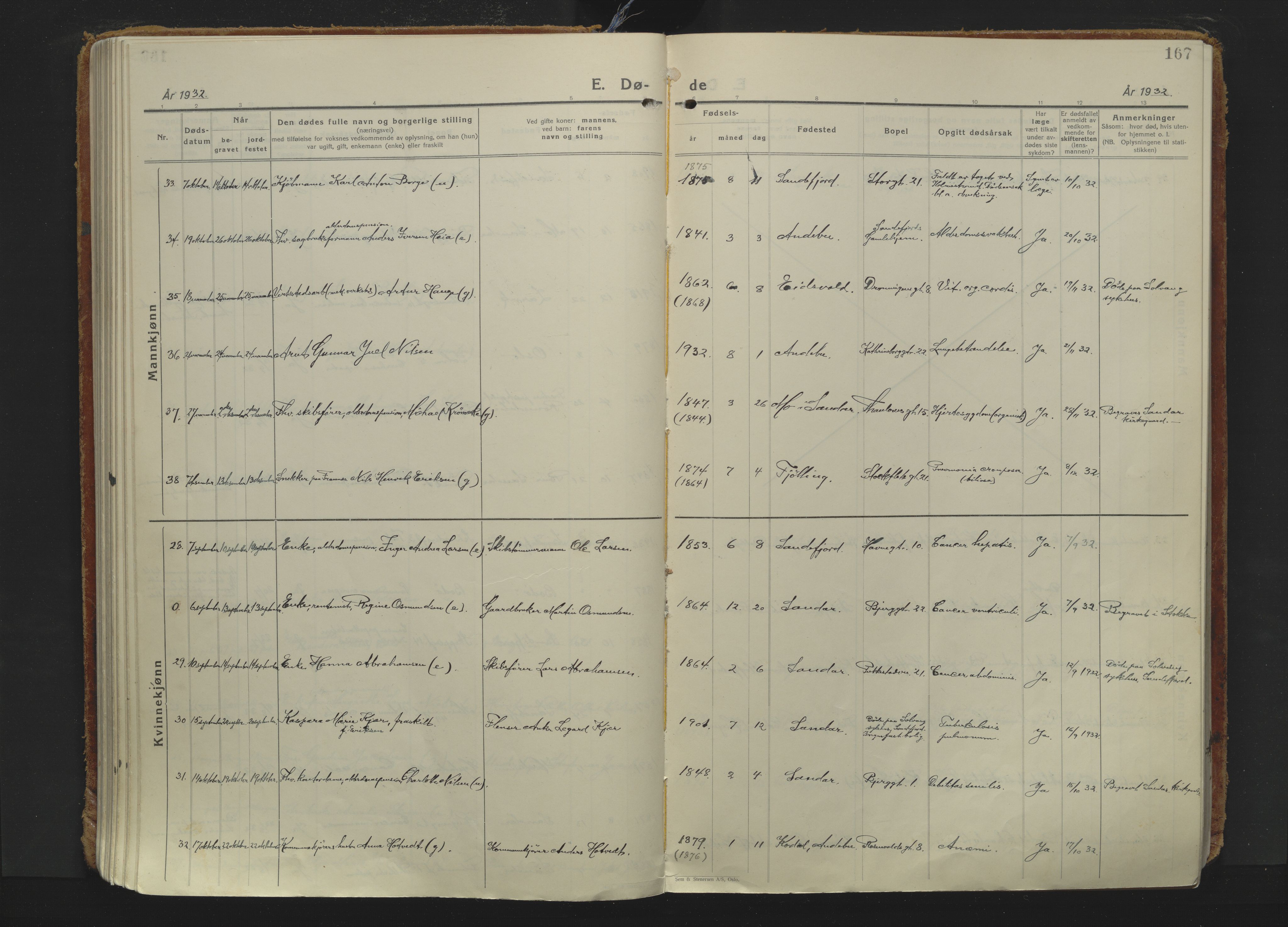 Sandefjord kirkebøker, AV/SAKO-A-315/F/Fa/L0009: Ministerialbok nr. 9, 1926-1945, s. 167