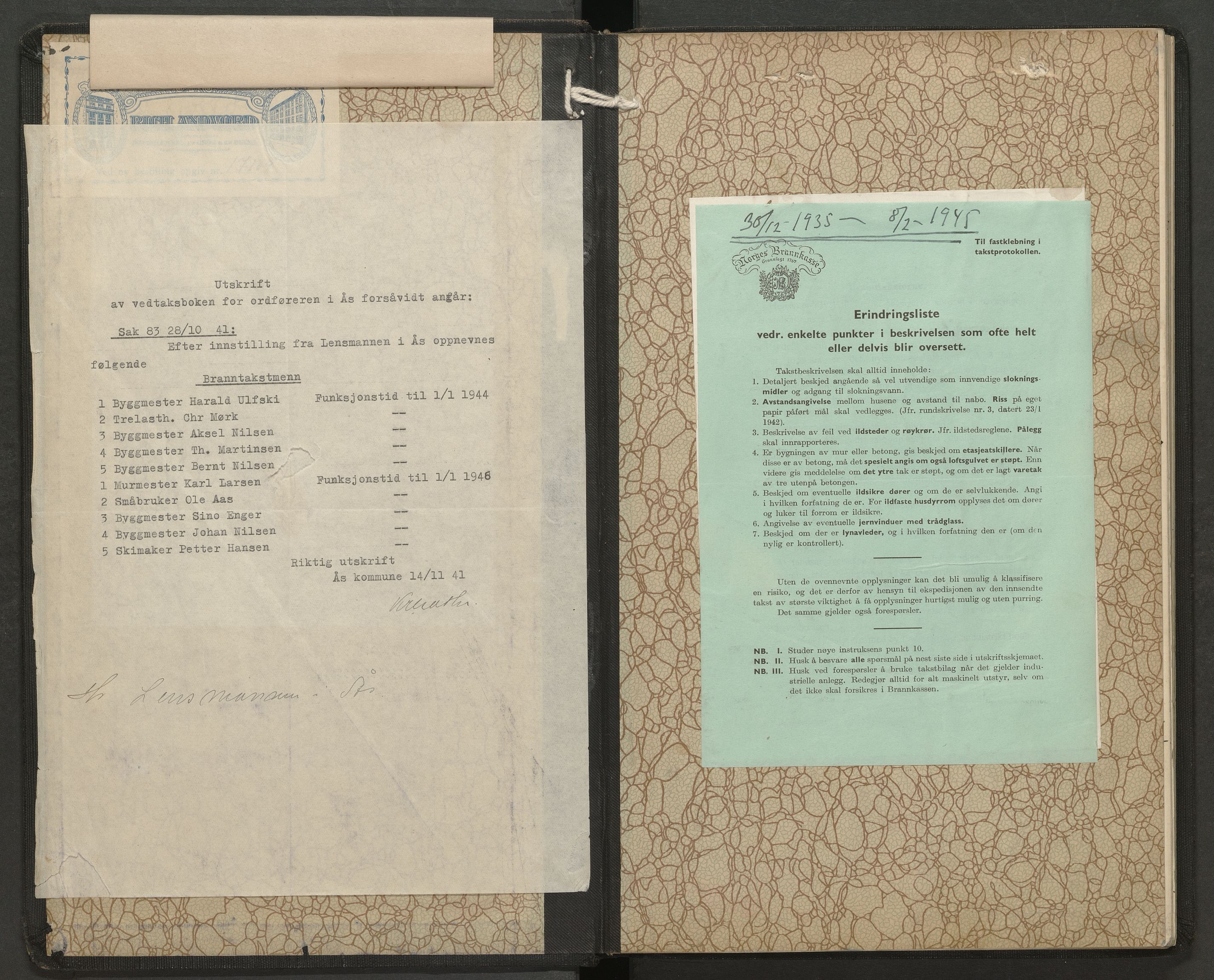 Norges brannkasse, branntakster Ås, AV/SAO-A-11401/F/Fa/L0003: Branntakstprotokoll, 1936-1945