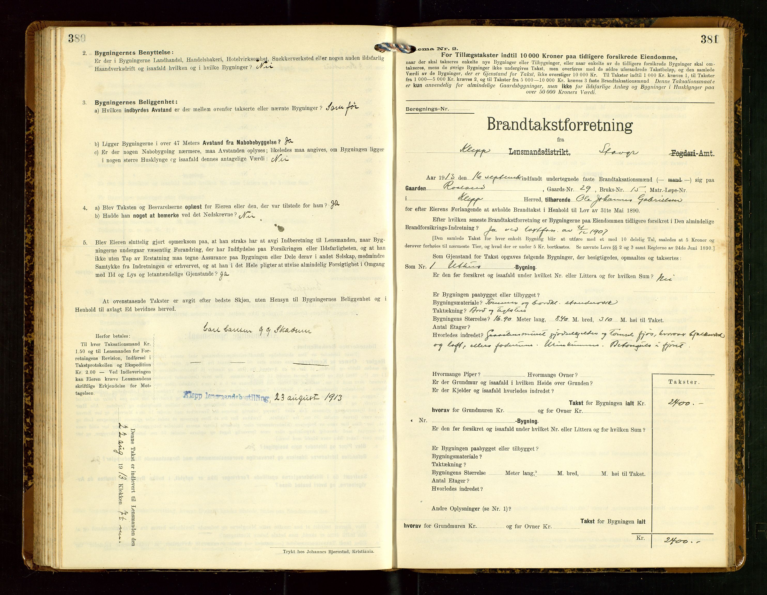 Klepp lensmannskontor, AV/SAST-A-100163/Goc/L0007: "Brandtaxationsprotokol" m/register, 1911-1915, s. 380-381