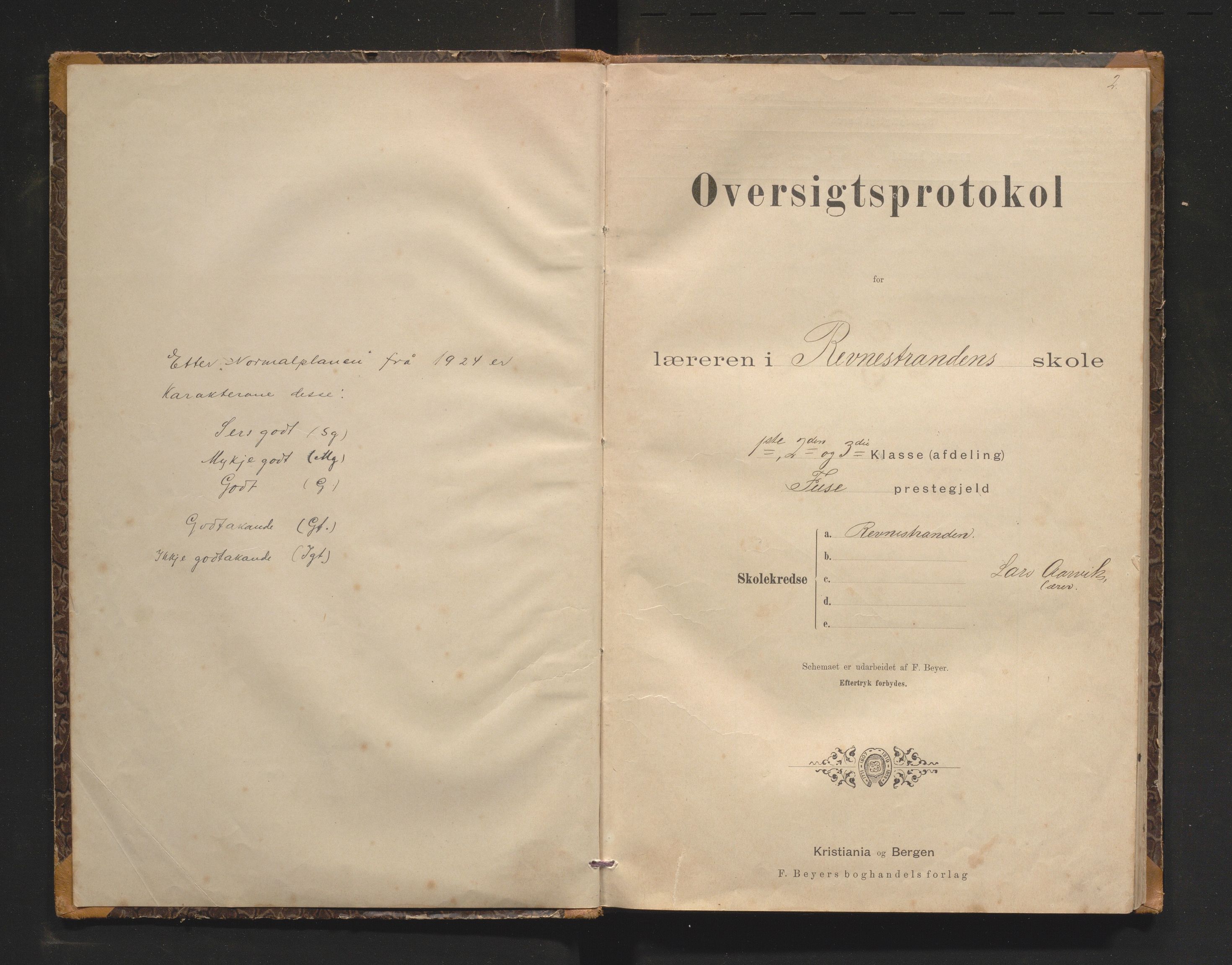 Strandvik kommune. Barneskulane, IKAH/1240-231/F/Fa/L0014: Skuleprotokoll for Revnestranden og Baldersheim krinsar i Fusa prestegjeld, 1893-1944