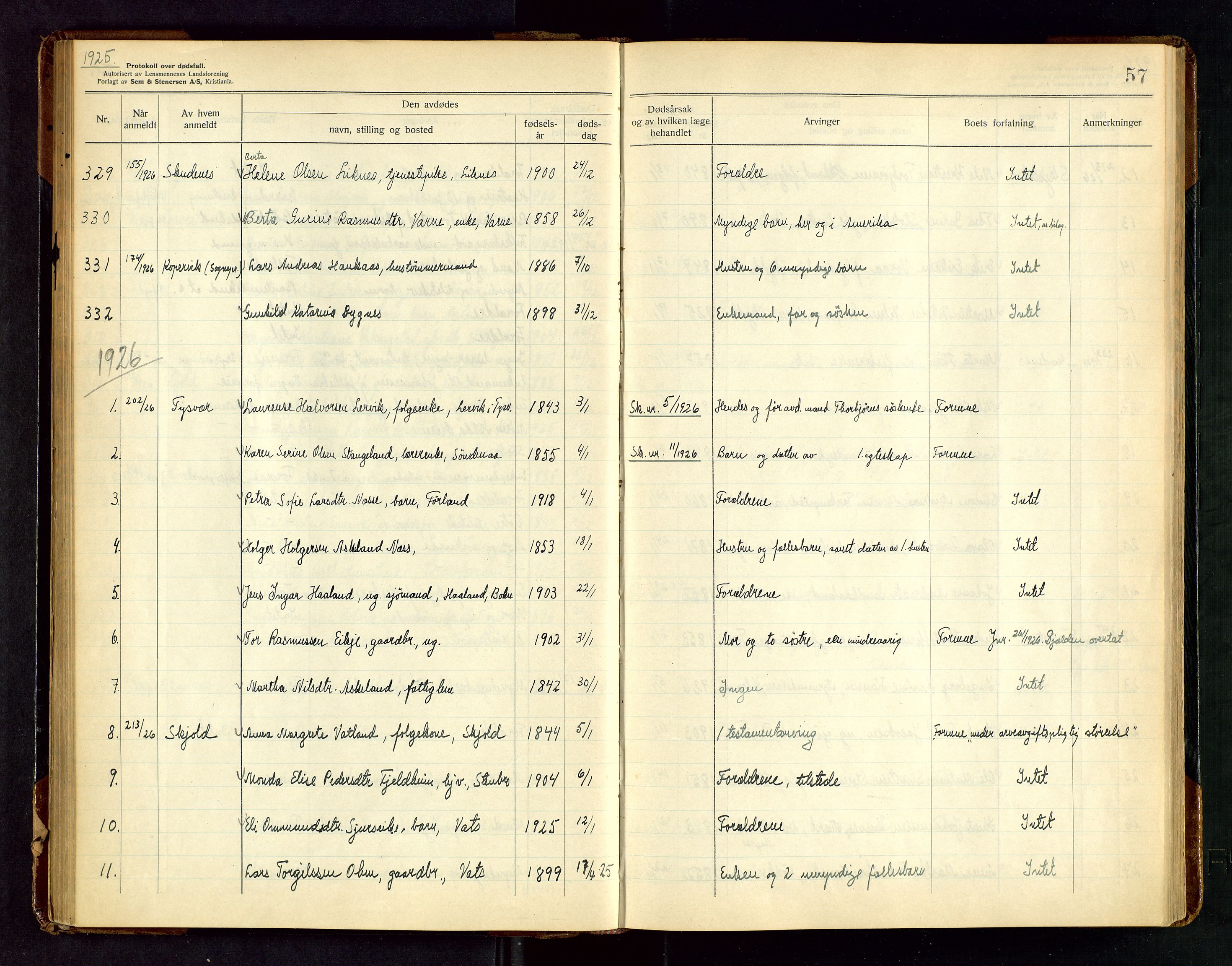 Karmsund sorenskriveri, AV/SAST-A-100311/01/IV/IVAB/L0005: DØDSFALLSPROTOKOLL, 1923-1933, s. 57