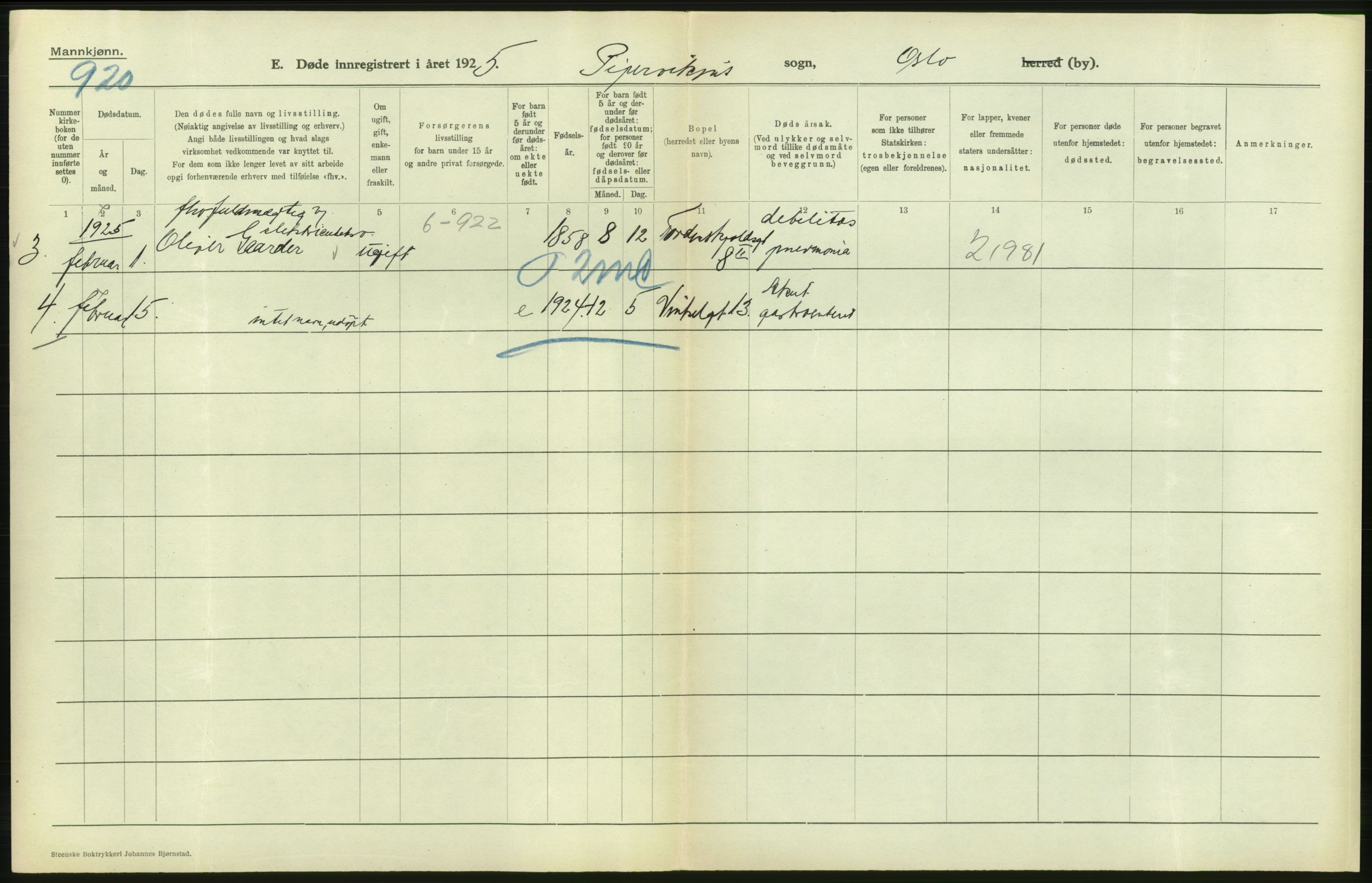 Statistisk sentralbyrå, Sosiodemografiske emner, Befolkning, AV/RA-S-2228/D/Df/Dfc/Dfce/L0009: Oslo: Døde menn, 1925, s. 460