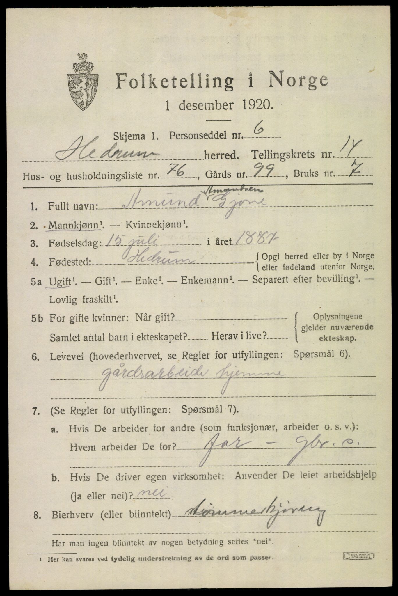 SAKO, Folketelling 1920 for 0727 Hedrum herred, 1920, s. 9881