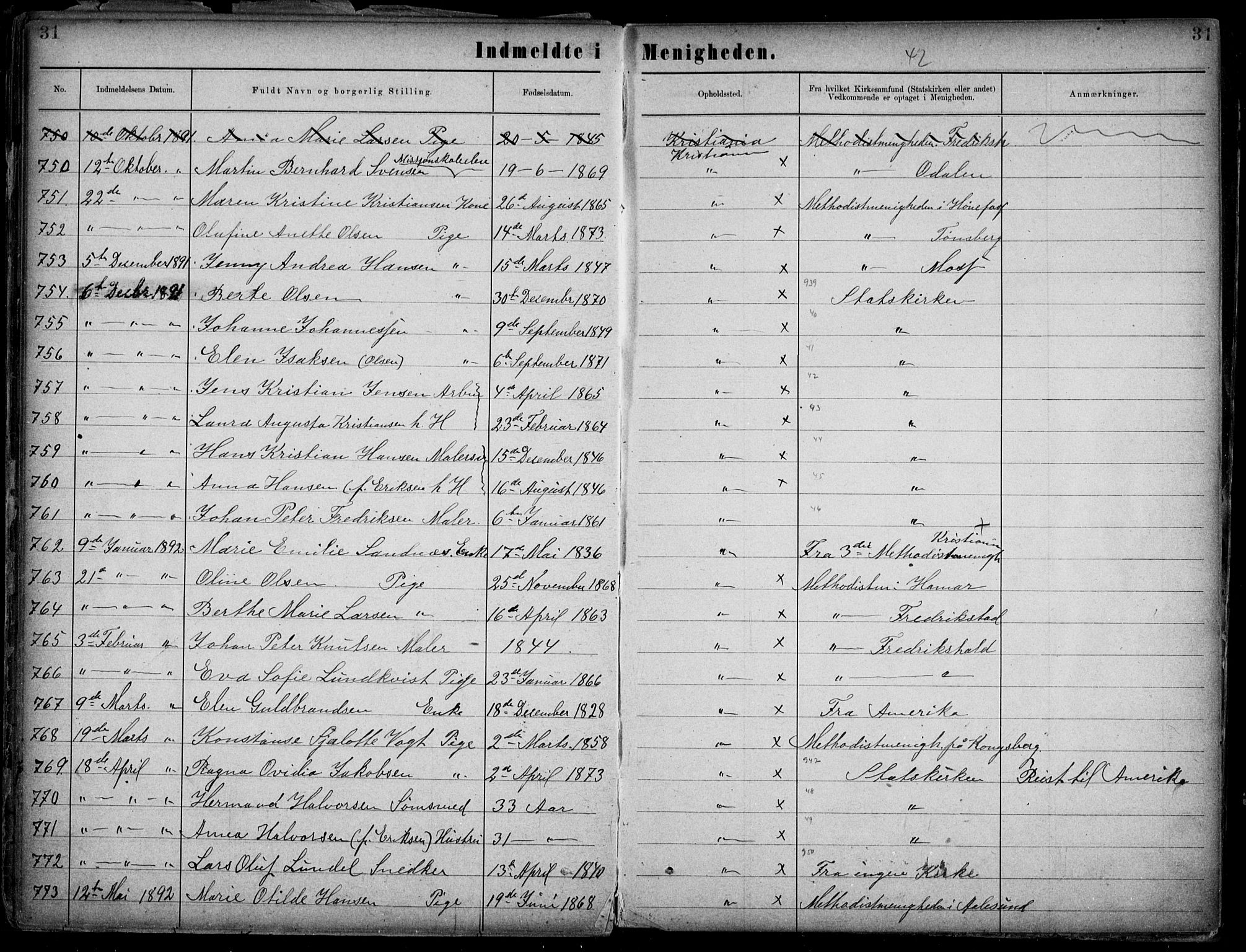 Første Metodistkirke Oslo -  menighetsprotokoller, AV/SAO-PAO-0067/F/L0002: Dissenterprotokoll nr. 2, 1883-1892, s. 31